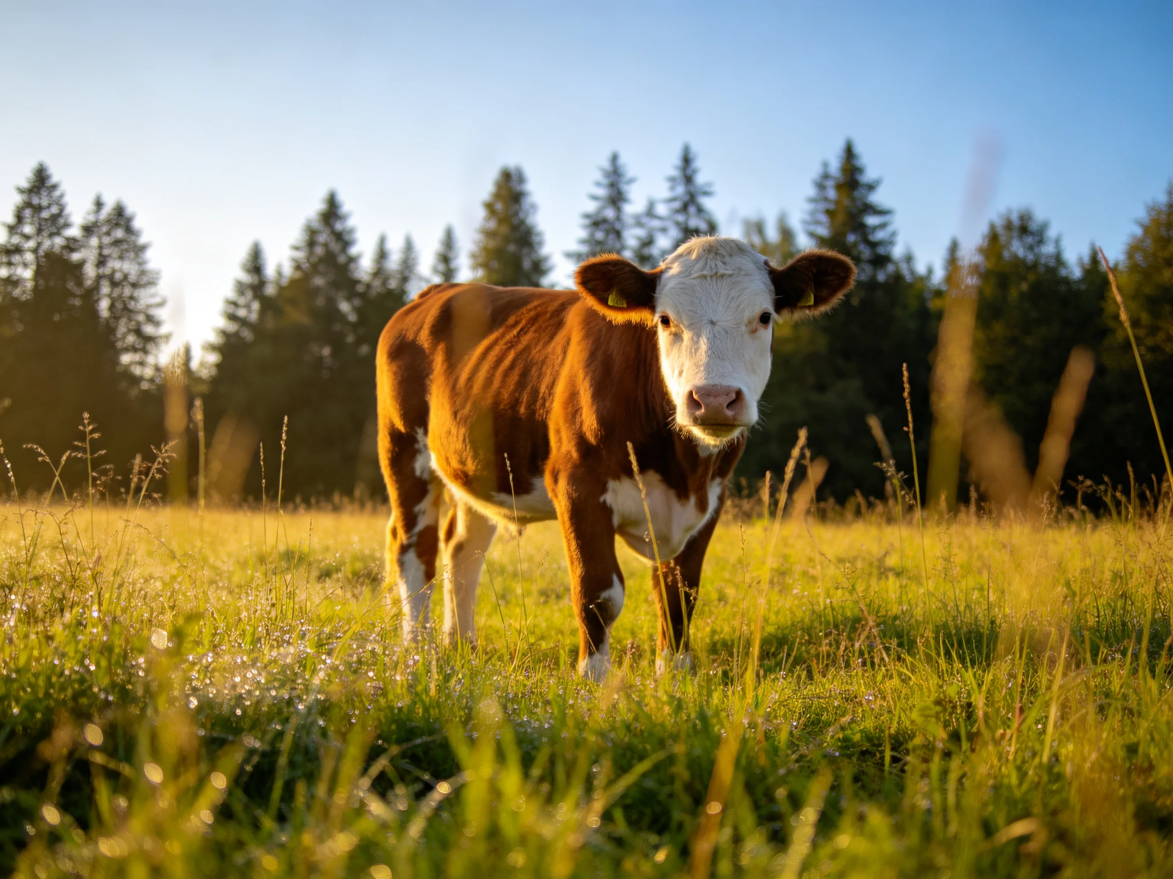 A brown and white calf in a sunlit meadow with tall grass and evergreen trees