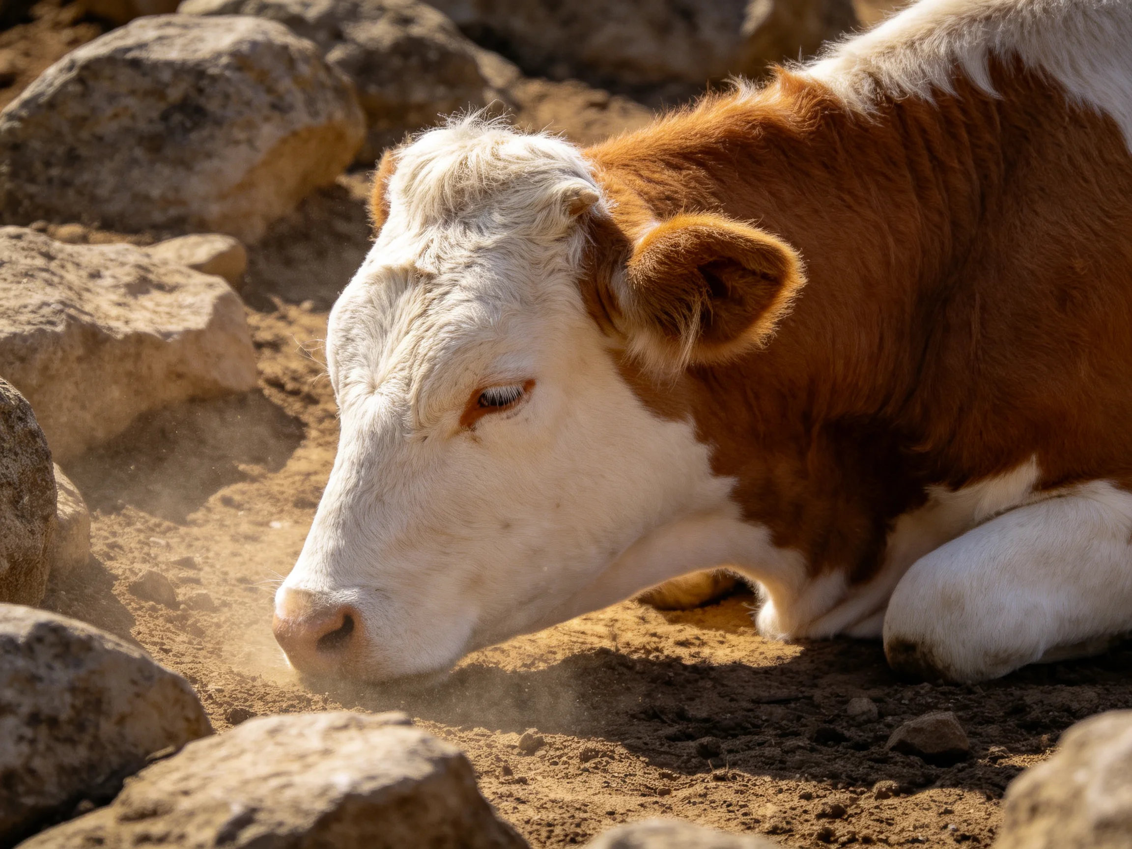 A brown and white calf resting amid large rocks on dusty ground