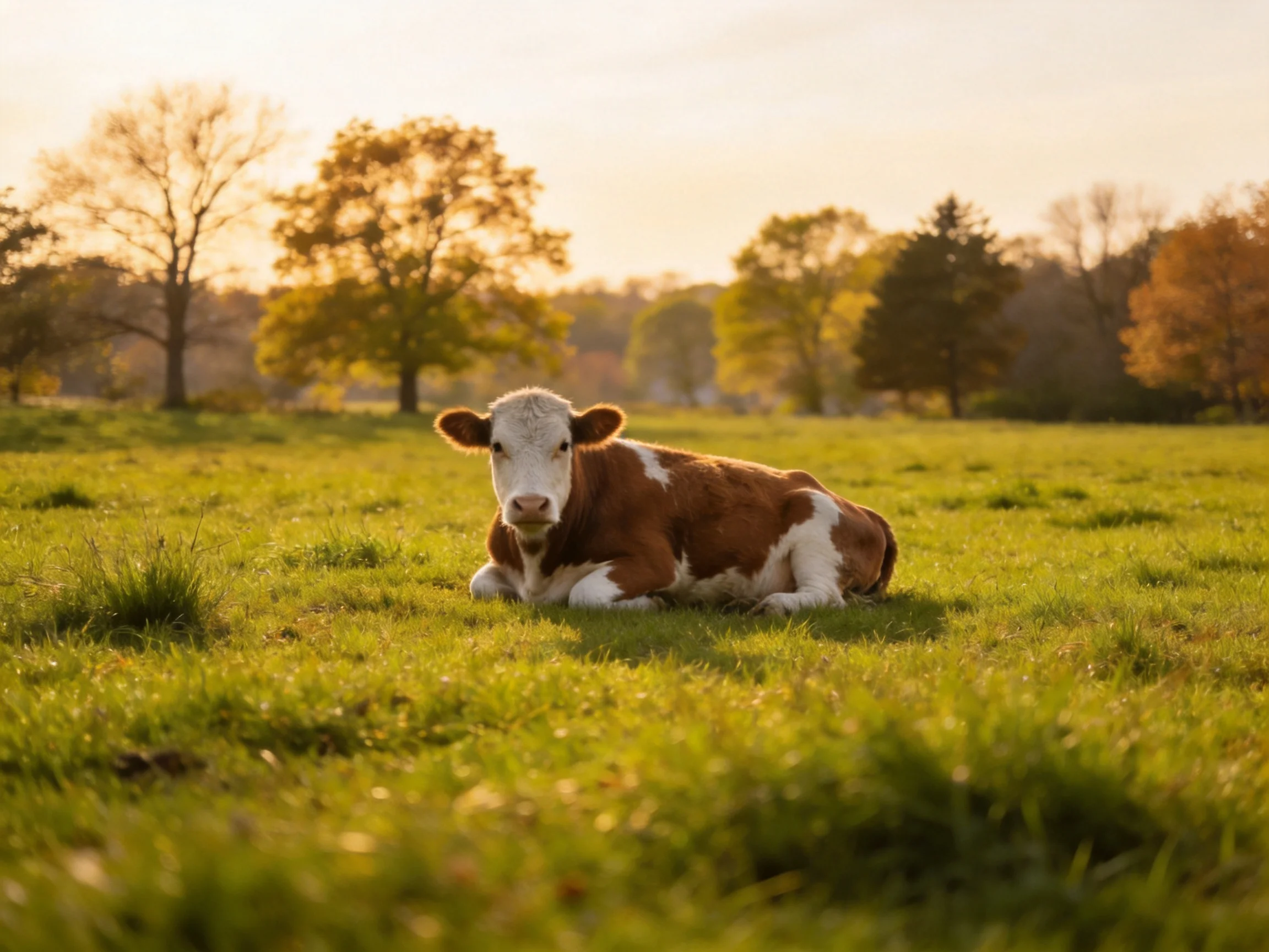 A brown and white calf resting in a sunlit green meadow