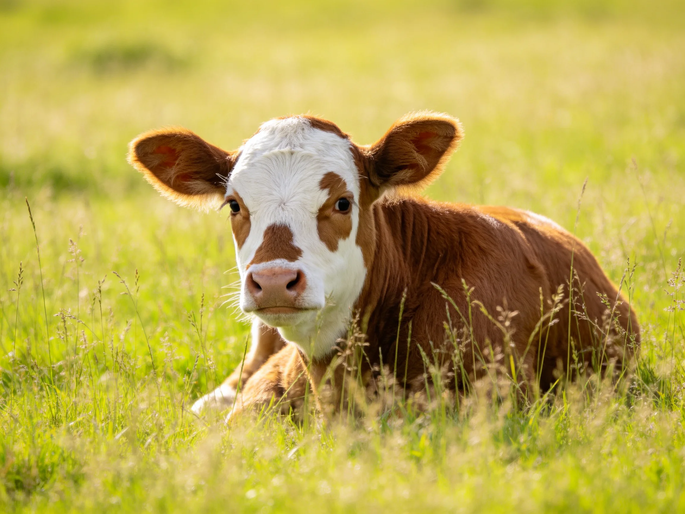A brown and white calf resting in a sunlit green pasture