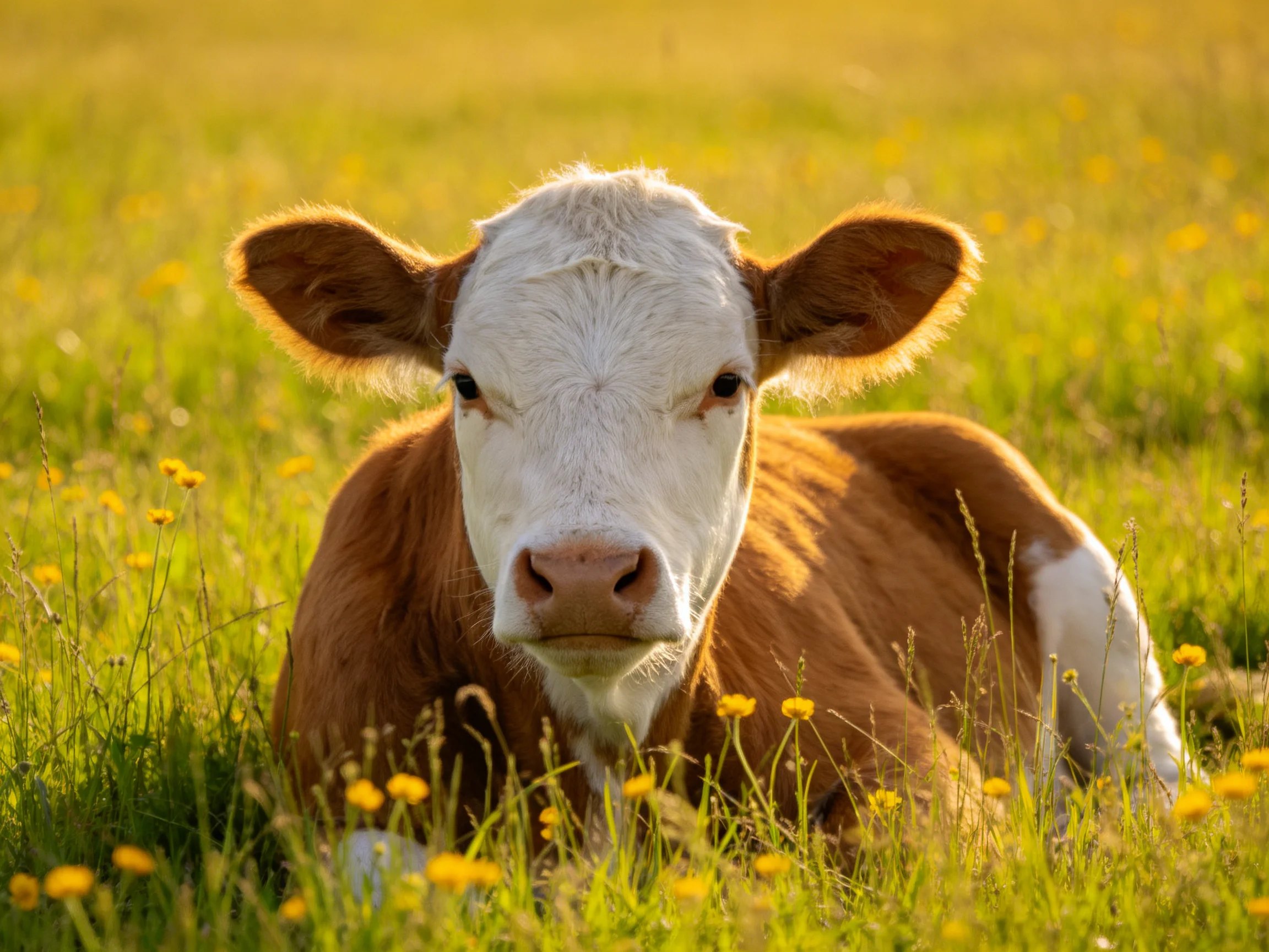 A brown and white calf resting in a sunlit meadow with yellow wildflowers