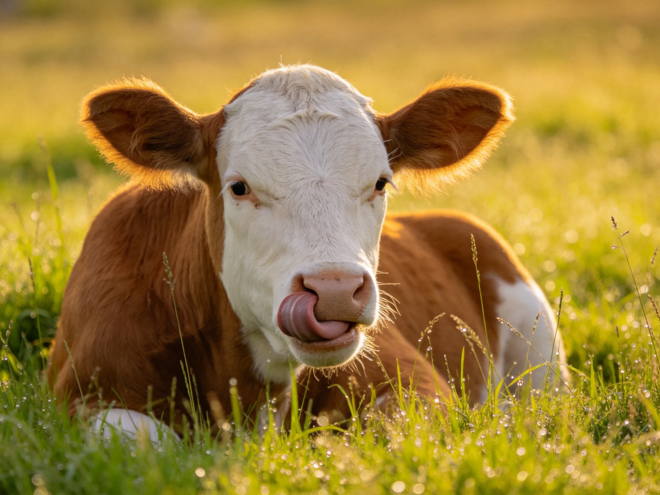 A brown and white calf resting in dewy green meadow grass