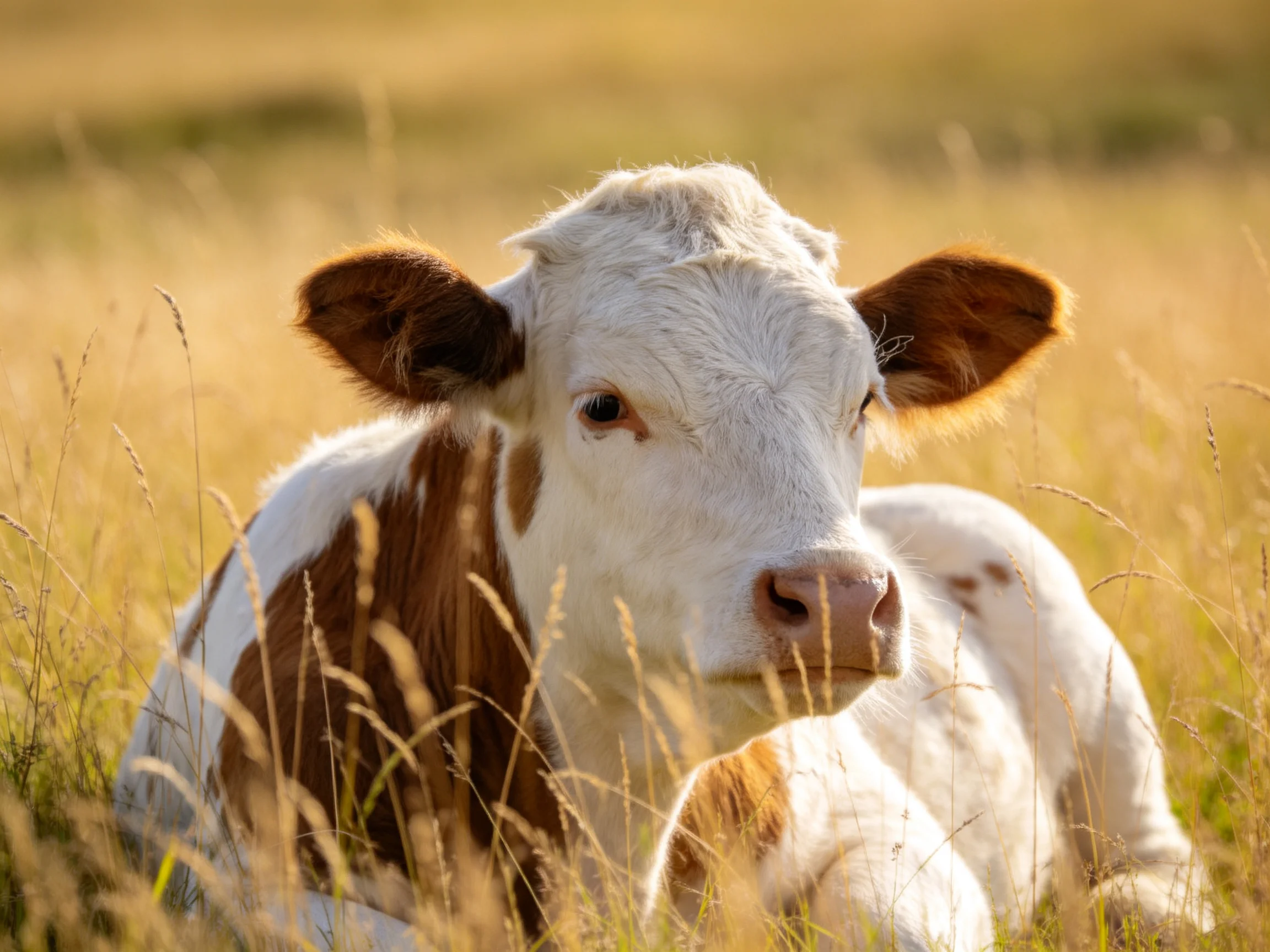A brown-and-white calf resting in sun-drenched meadow grass