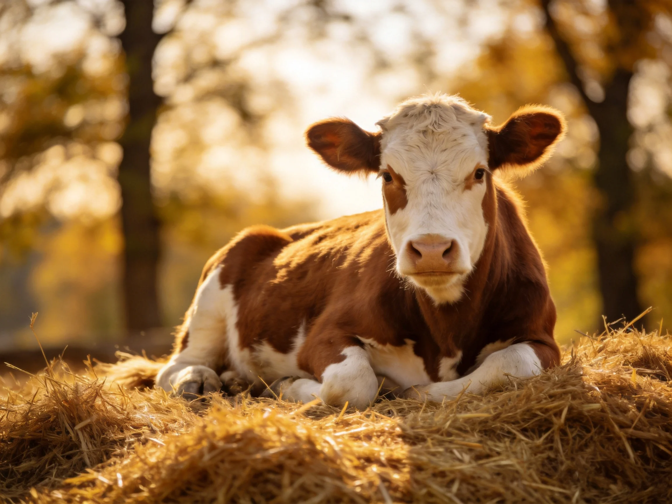 A brown and white calf resting on golden straw amid autumnal trees