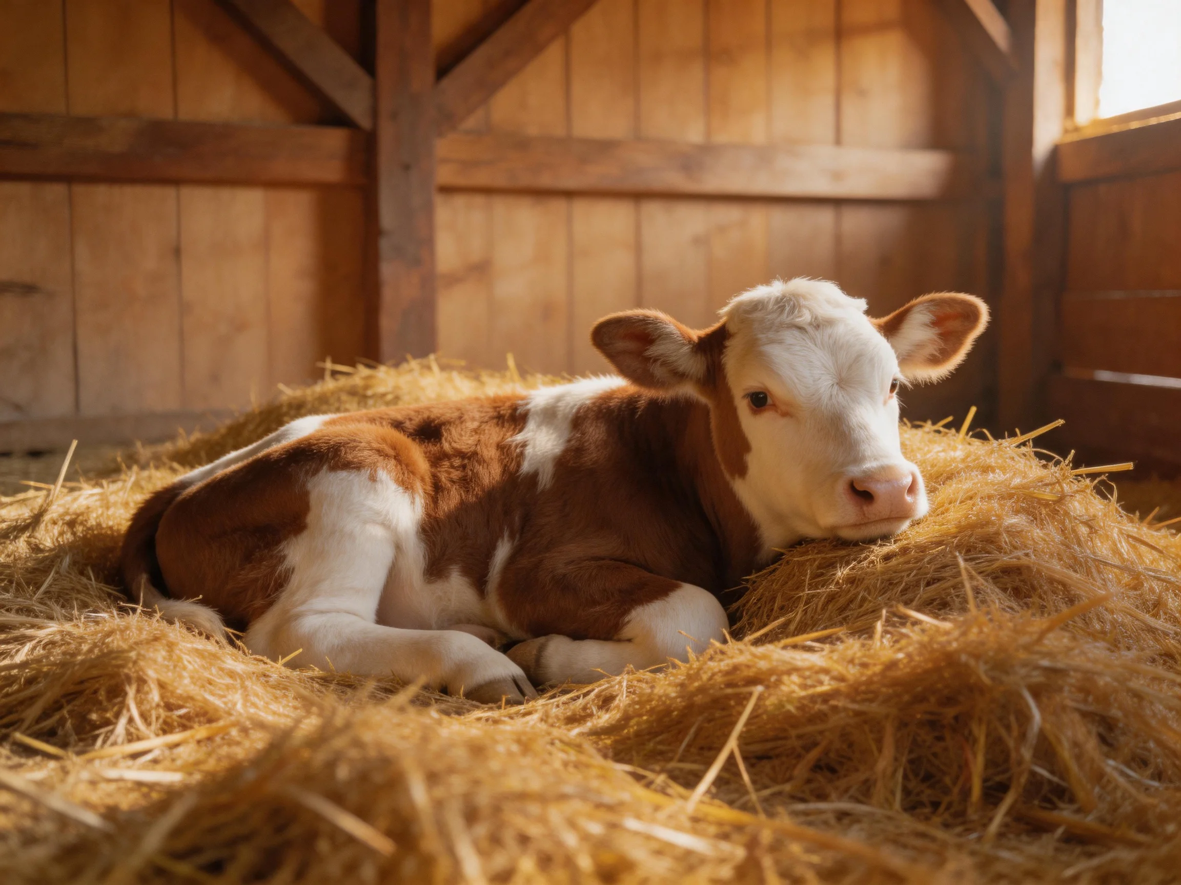 A brown and white calf resting on golden straw inside a wooden barn