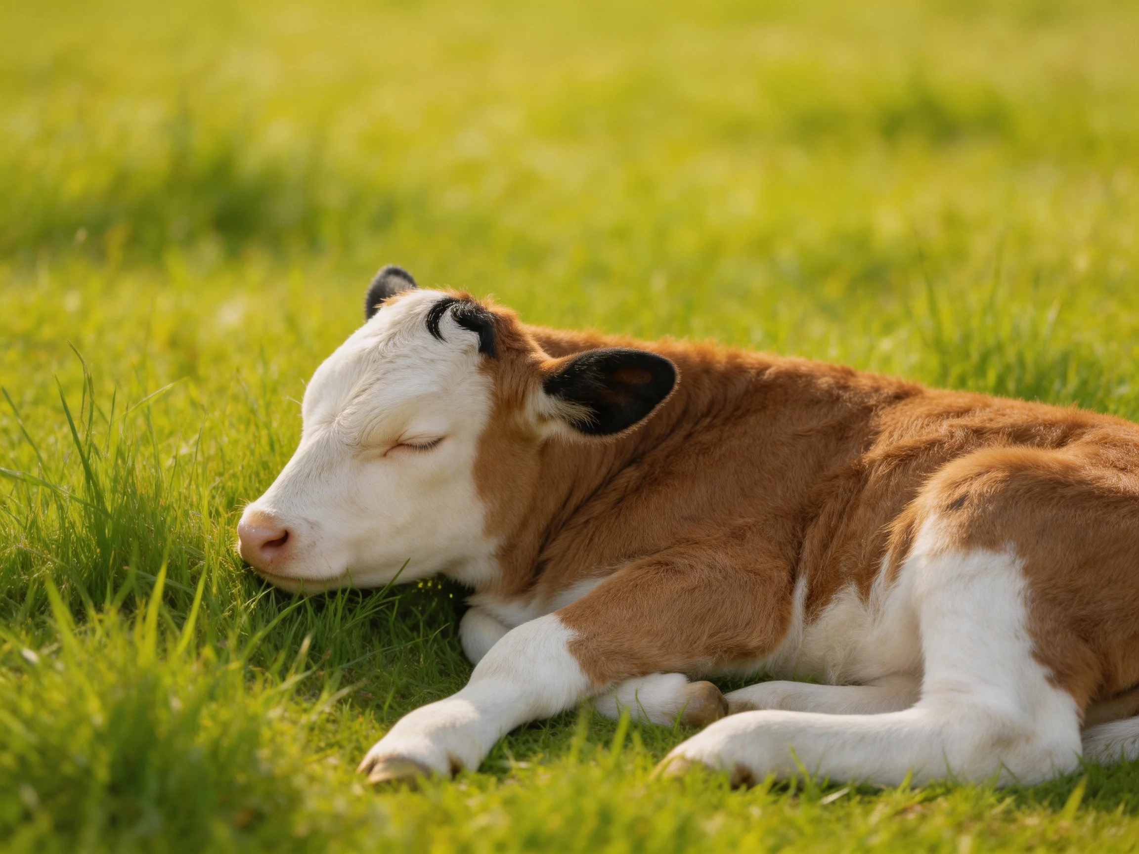 A brown and white calf resting on lush green grass
