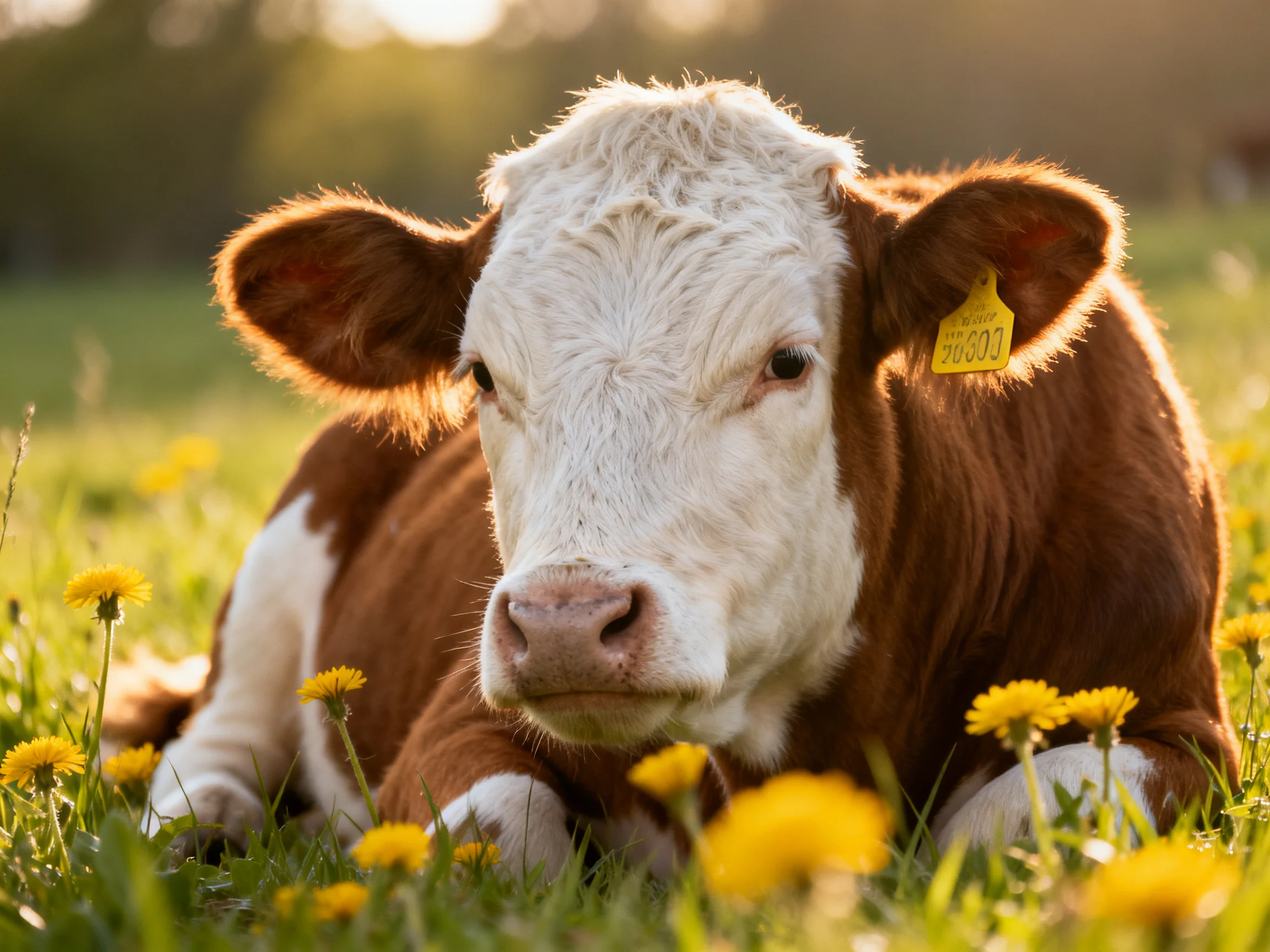 A brown and white calf rests amid yellow dandelions in a sunlit meadow