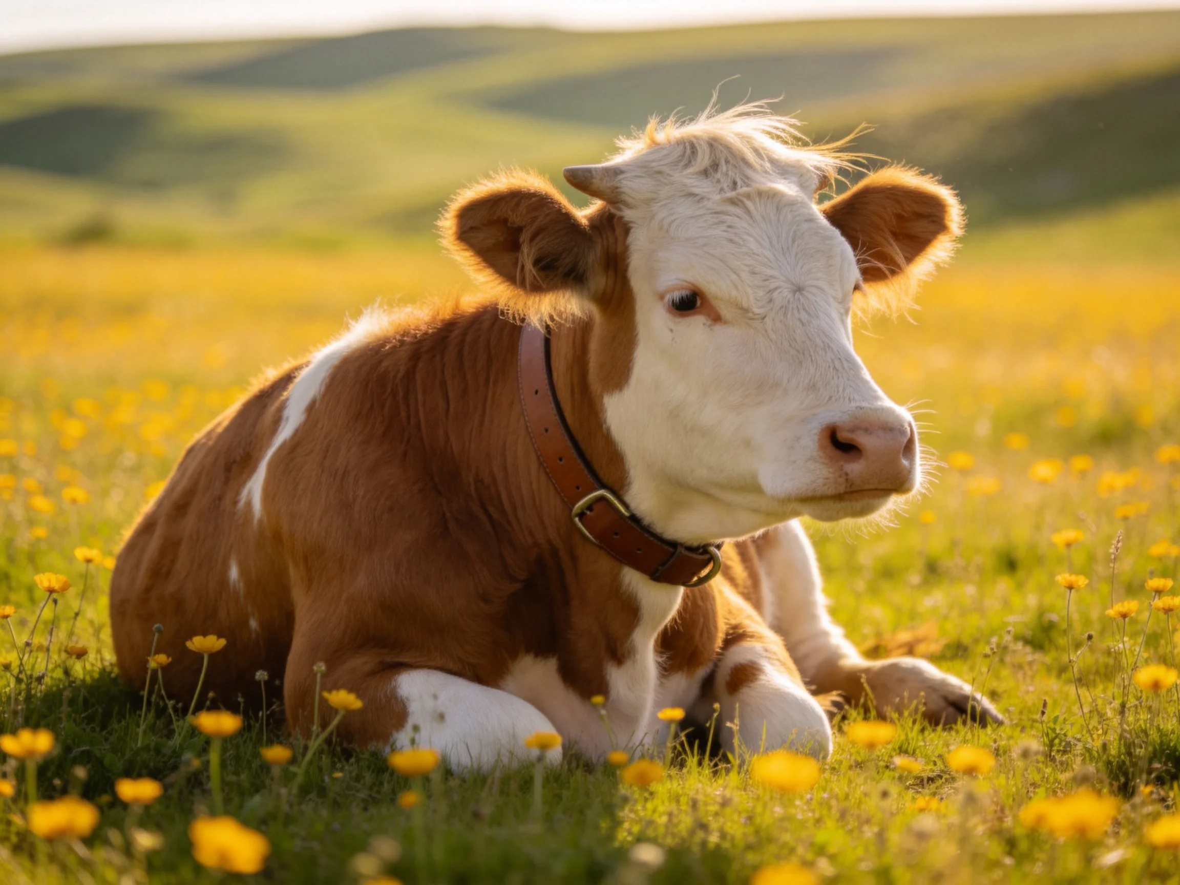 A brown and white calf rests amid yellow wildflowers in a sunlit meadow