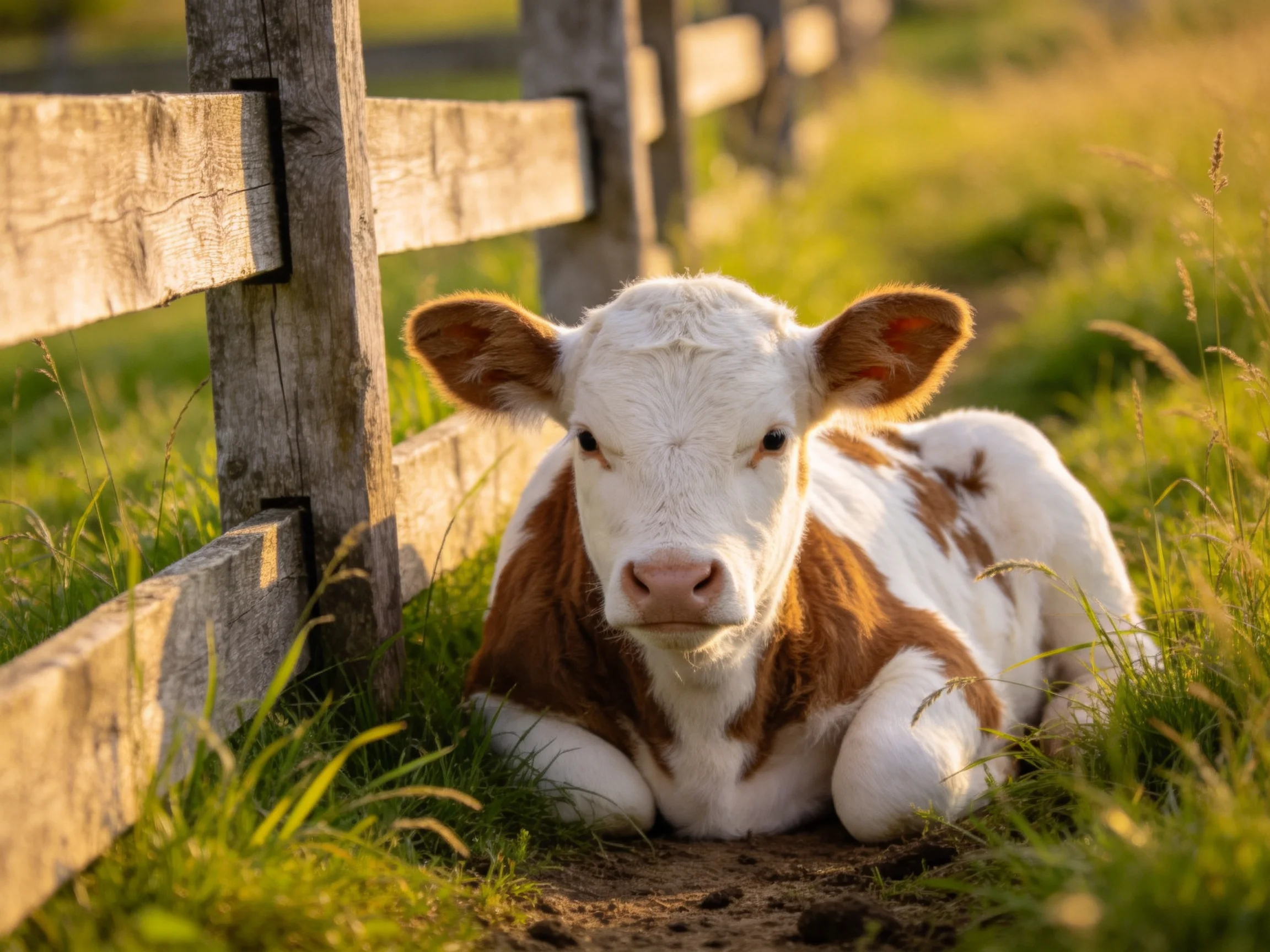 A brown-and-white calf rests beside an aged wooden fence in a sunlit meadow
