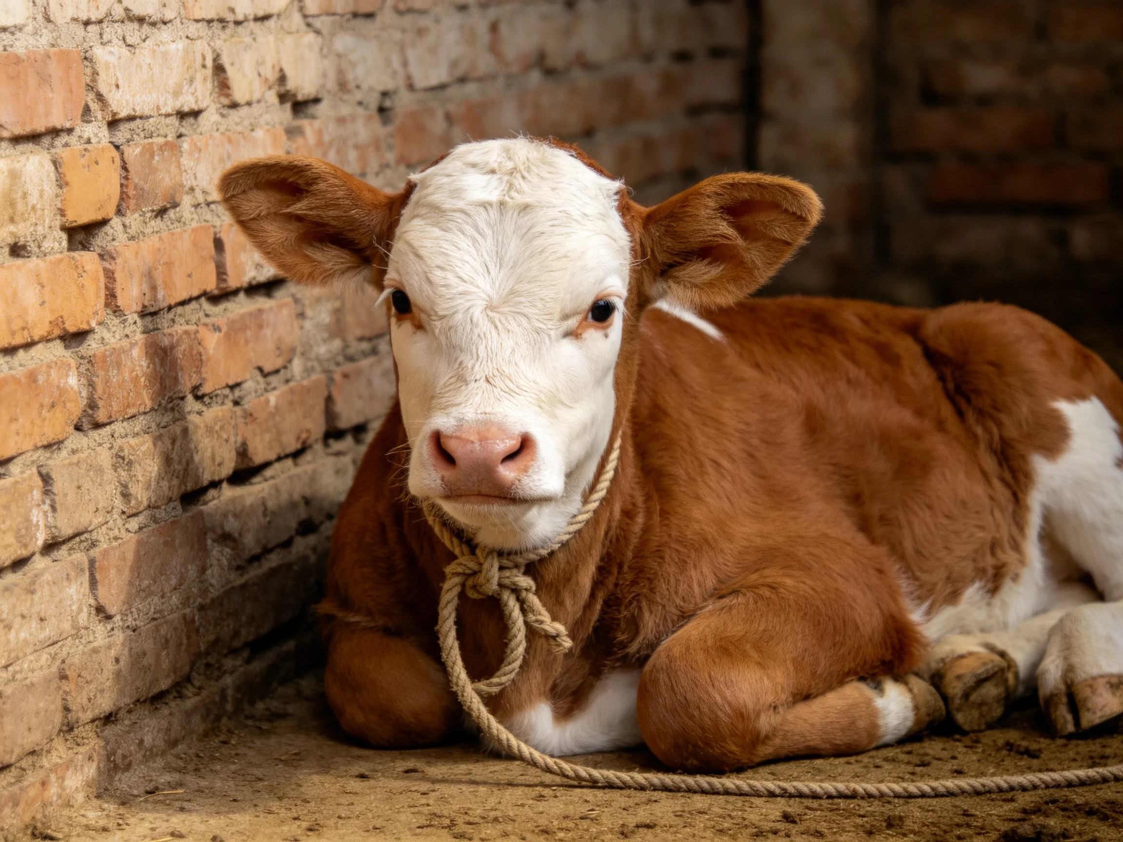 A brown and white calf rests by a weathered brick wall