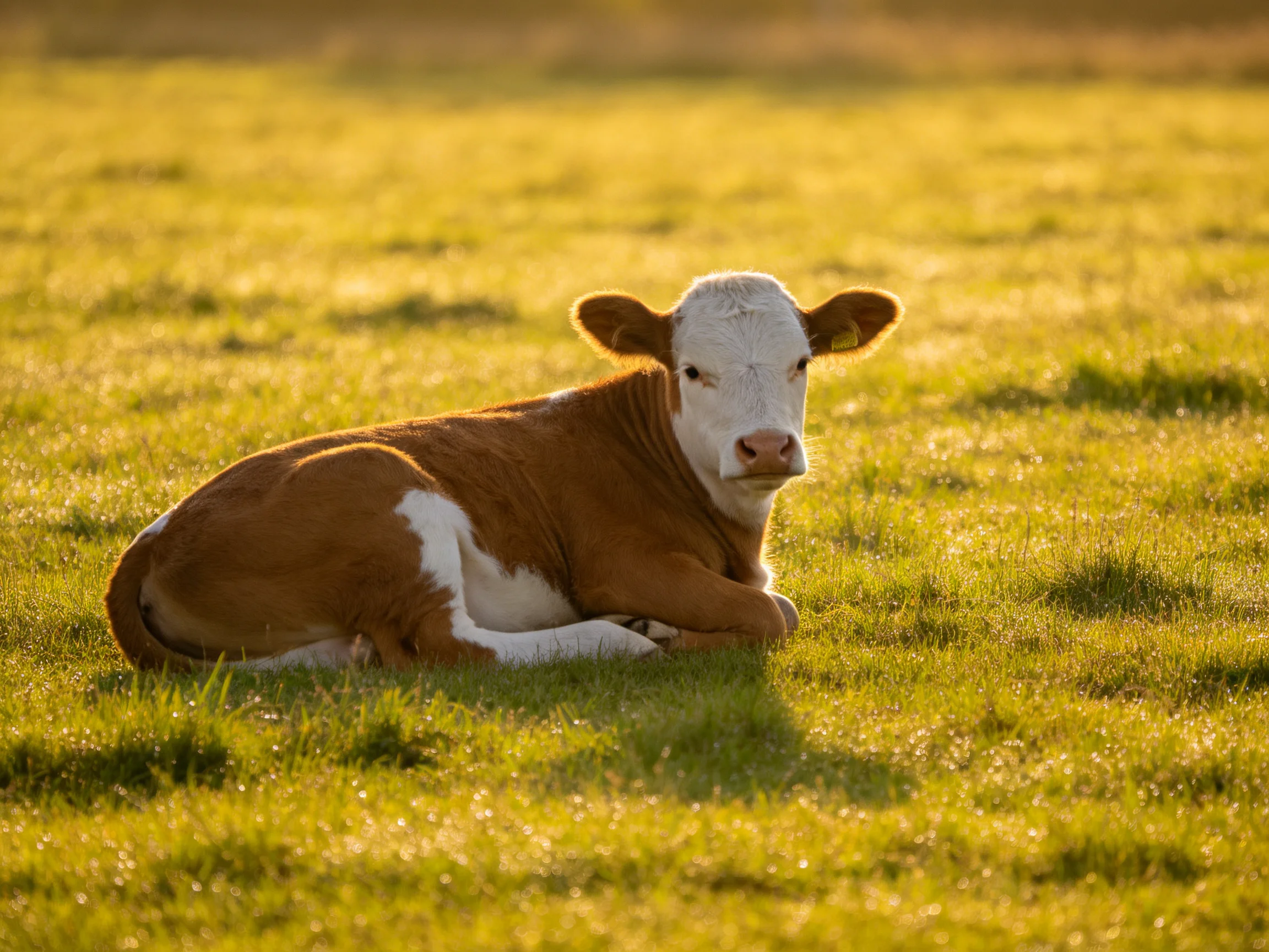A brown-and-white calf rests in a sunlit green pasture