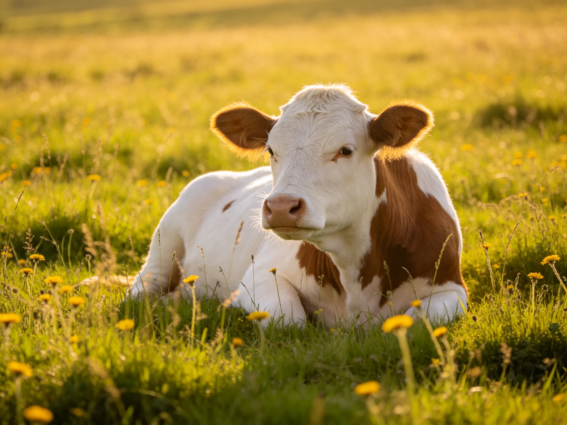 A brown-and-white calf rests in a sunlit meadow of yellow wildflowers