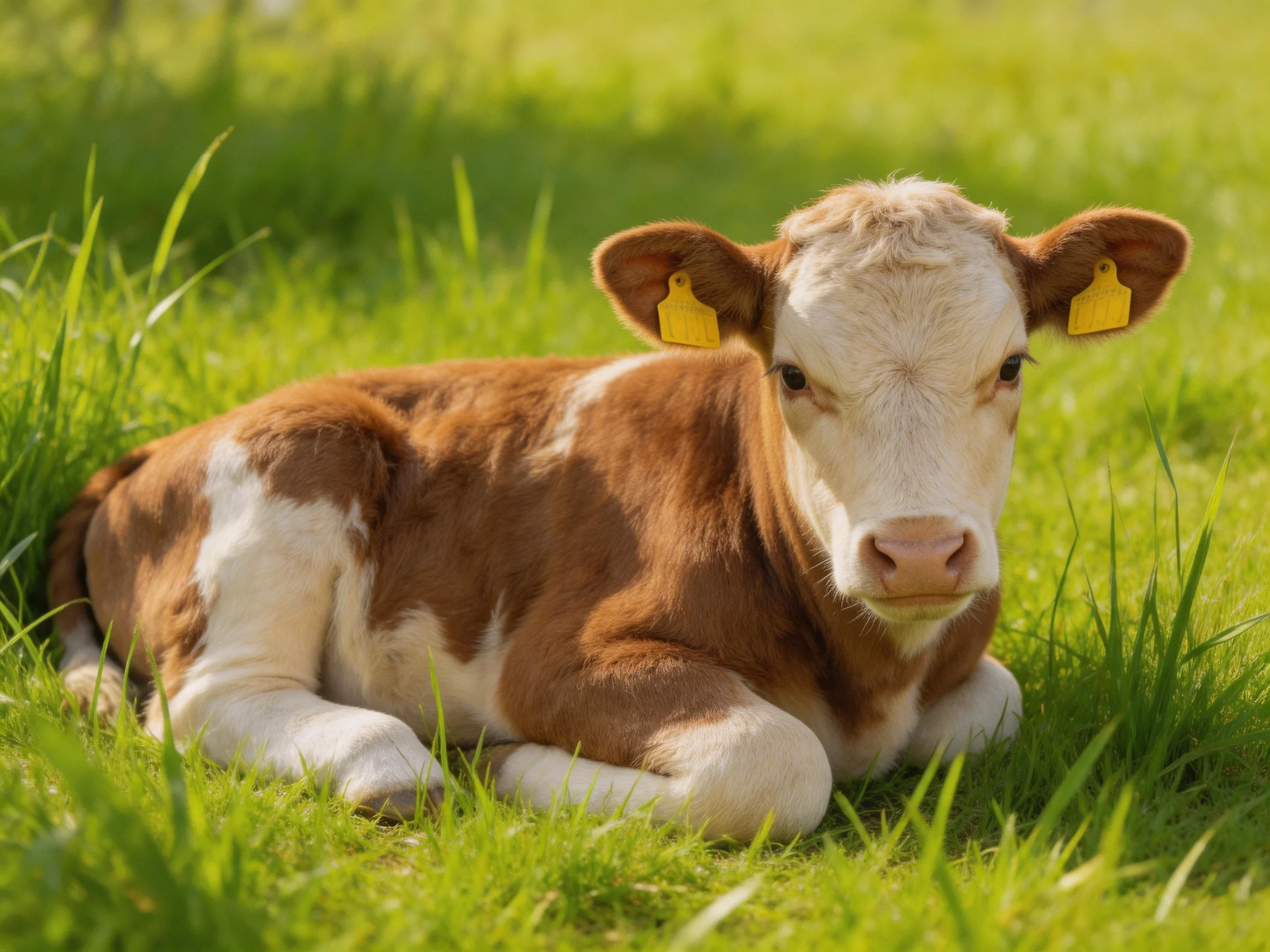 A brown and white calf rests in lush green grass with yellow ear tags