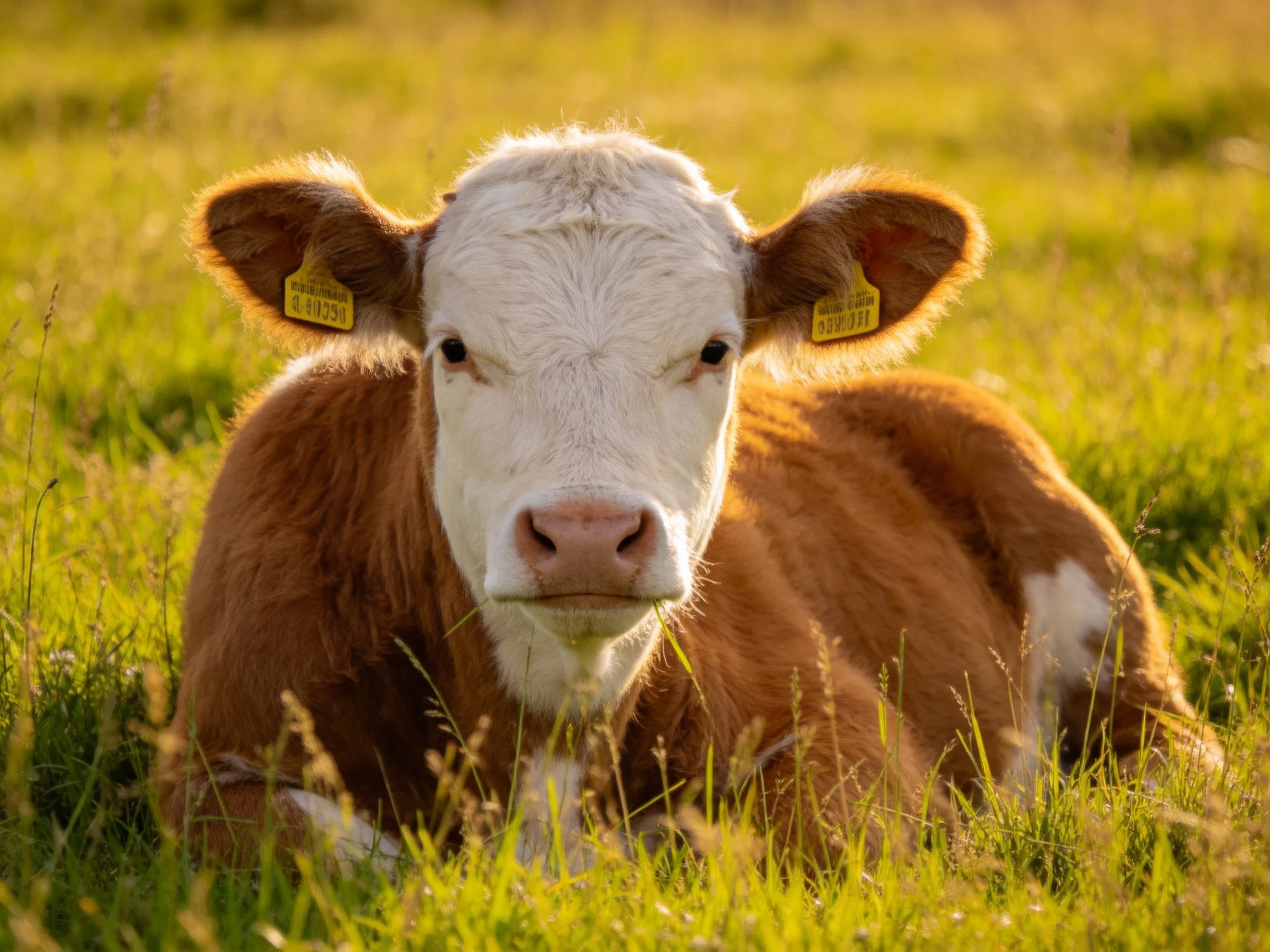 A brown and white calf rests in sun-drenched green grass