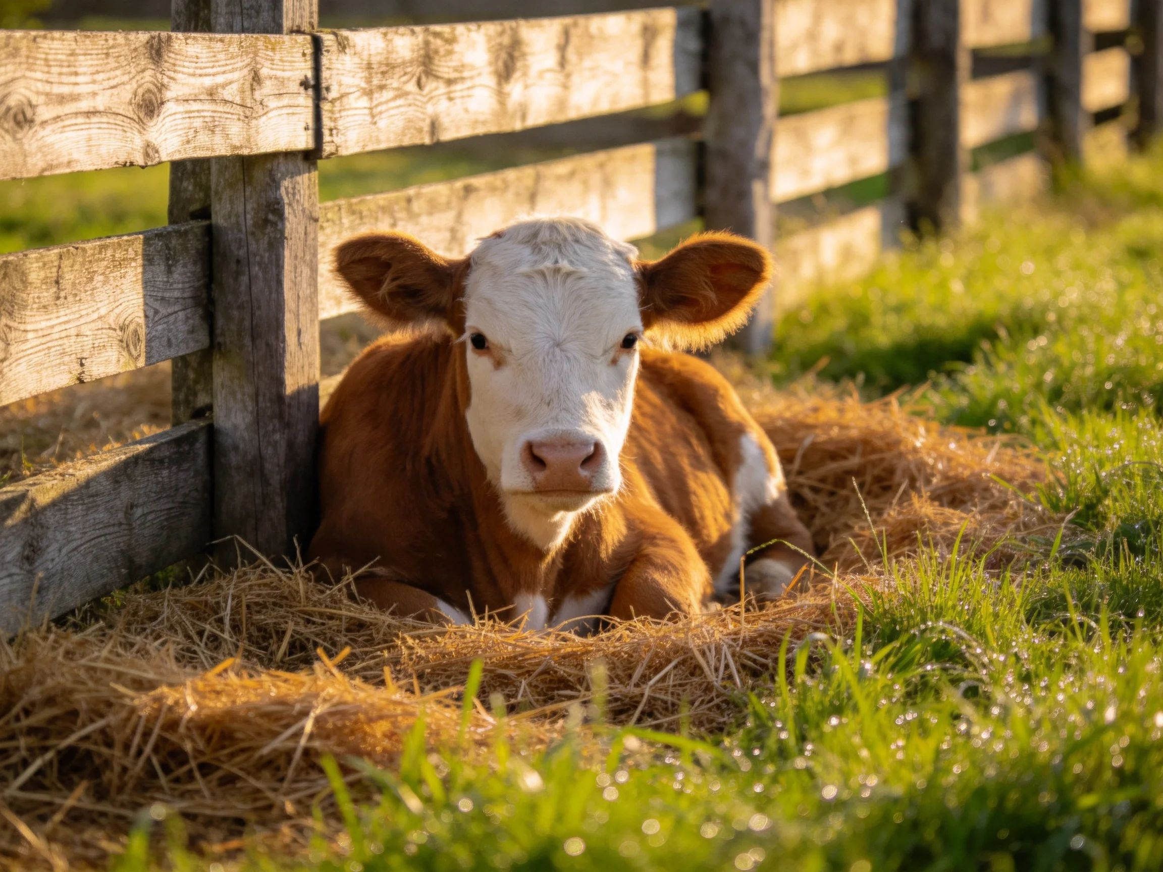 A brown-and-white calf rests on golden straw near a weathered wooden fence