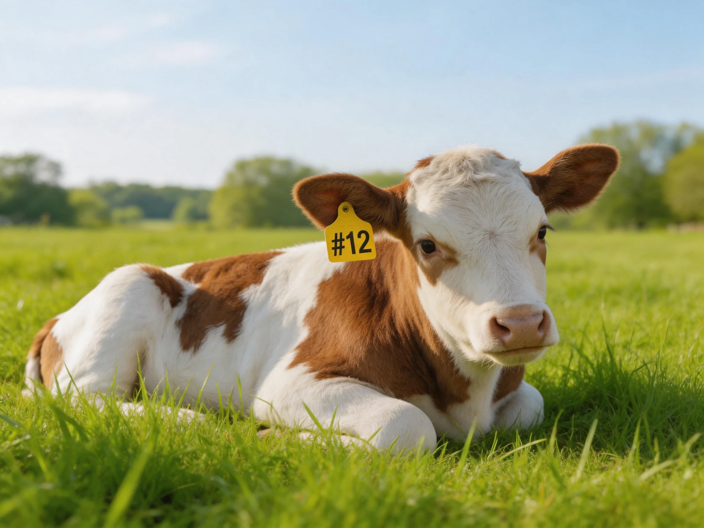 A brown and white calf rests on green grass with a numbered ear tag