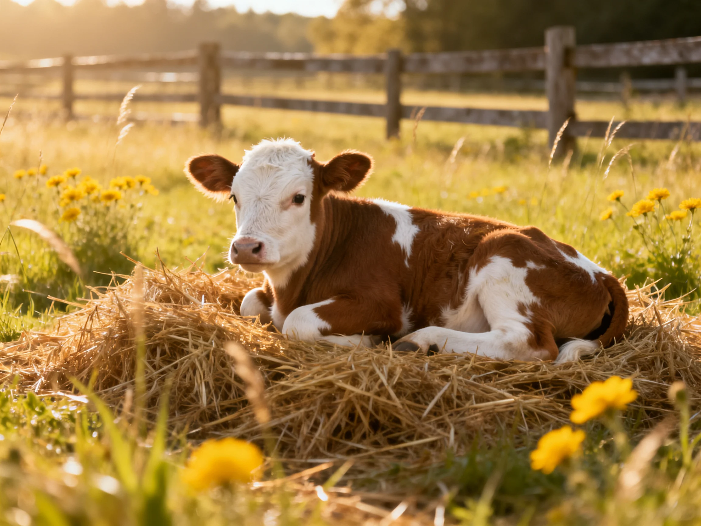A brown and white calf rests on hay in a sunlit meadow with yellow flowers