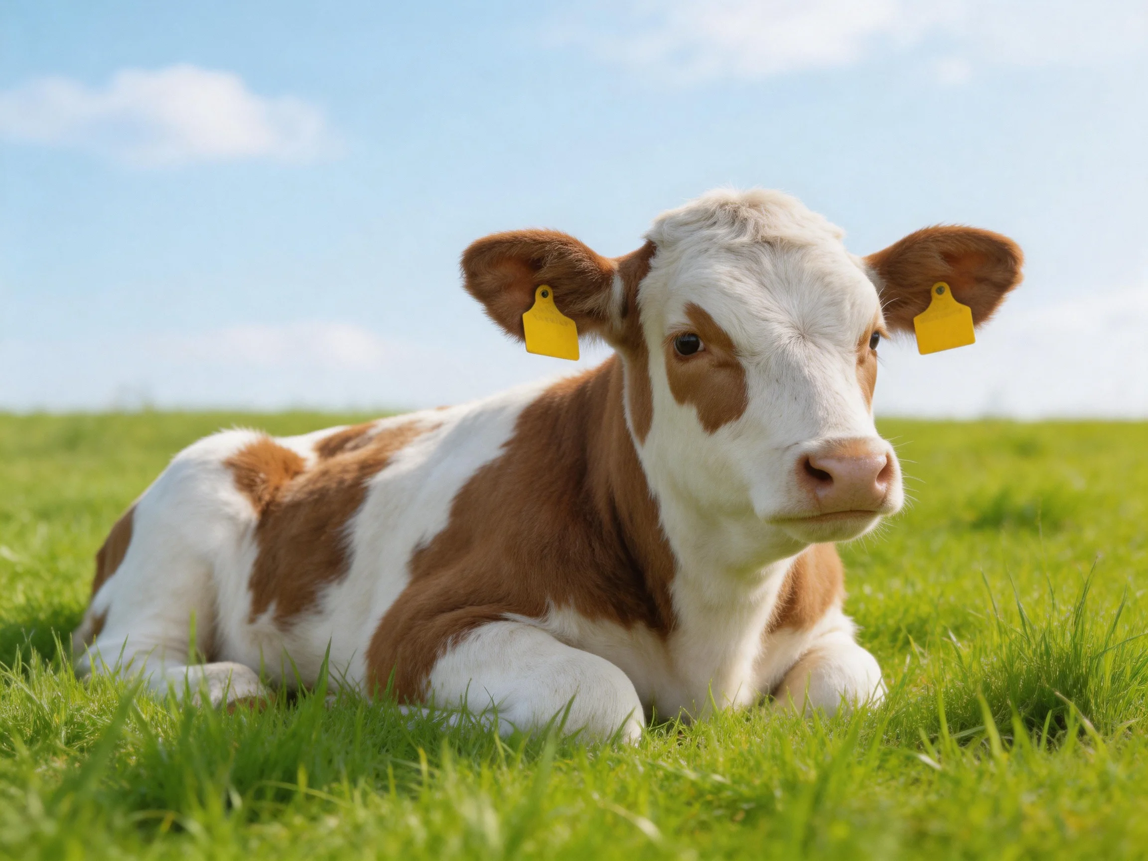 A brown and white calf rests on lush green grass beneath a clear blue sky