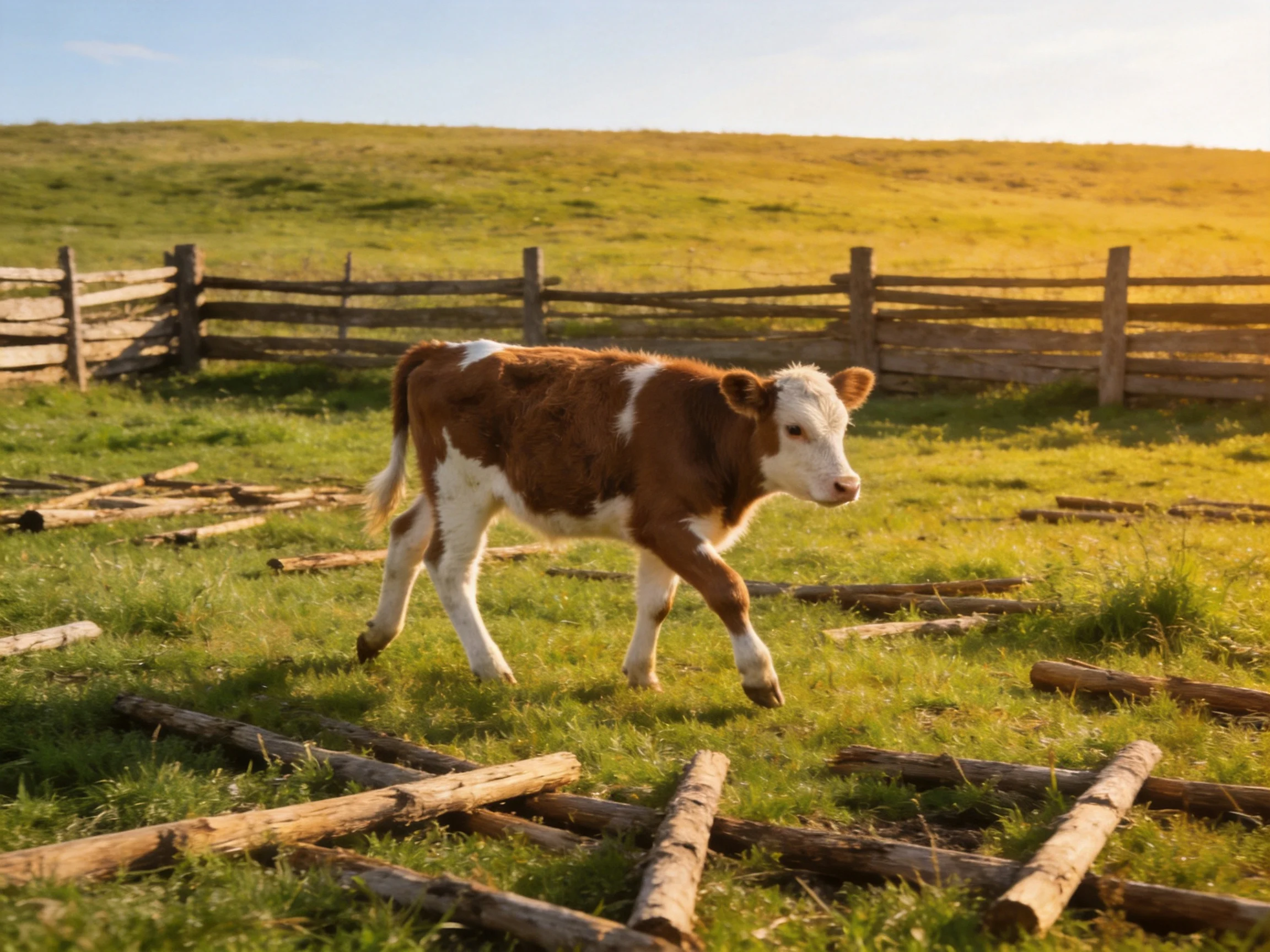 A brown and white calf roams a grassy pasture with scattered wooden planks