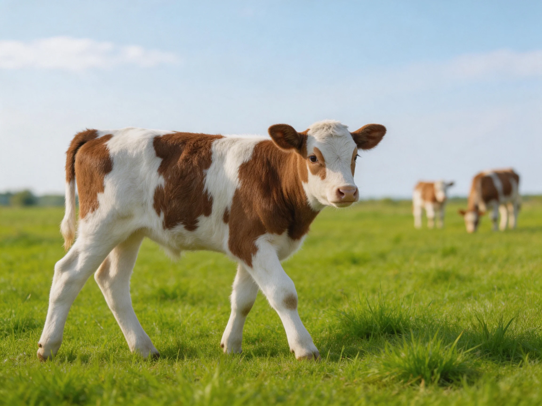 A brown-and-white calf roams a lush green pasture with two other cows