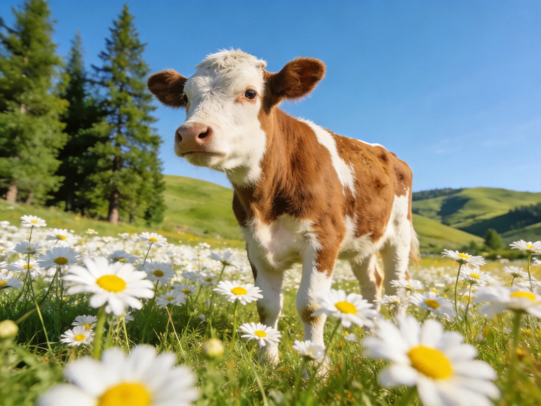 A brown and white calf stands amid daisies in a sunny meadow