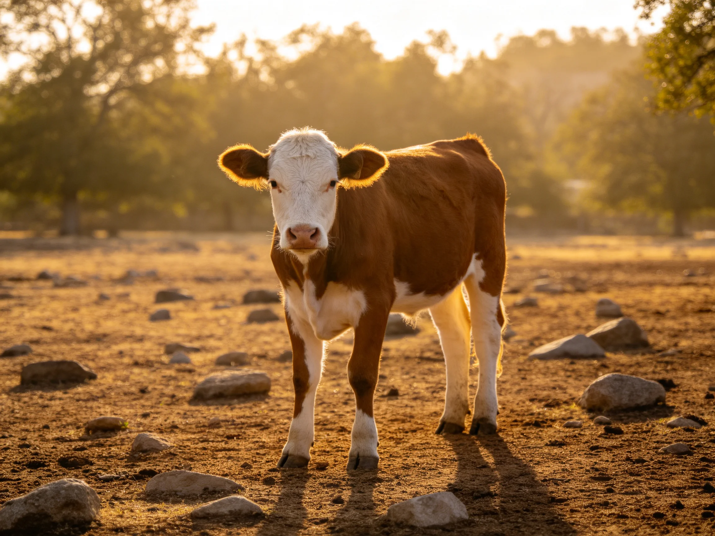 A brown and white calf stands in a sunlit rocky field.