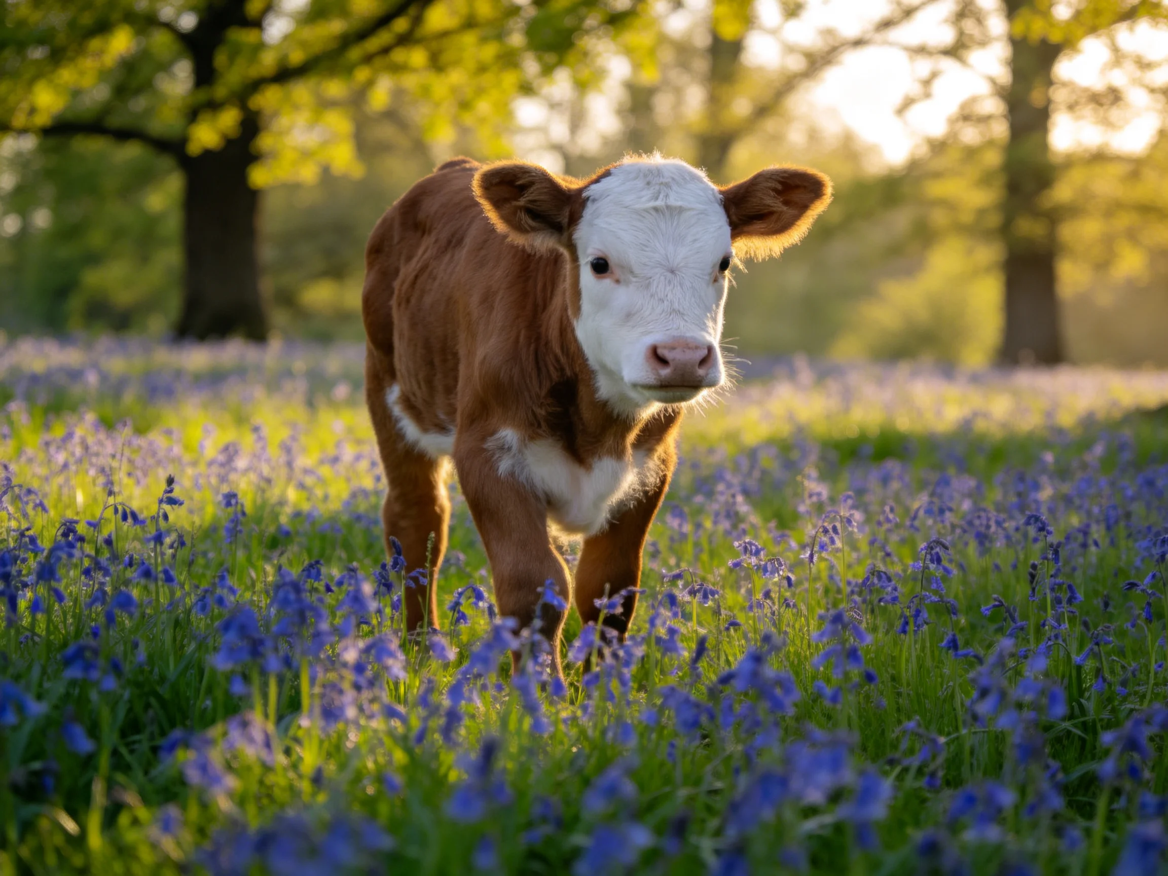 A brown-and-white calf stands amid vibrant blue wildflowers near tall trees