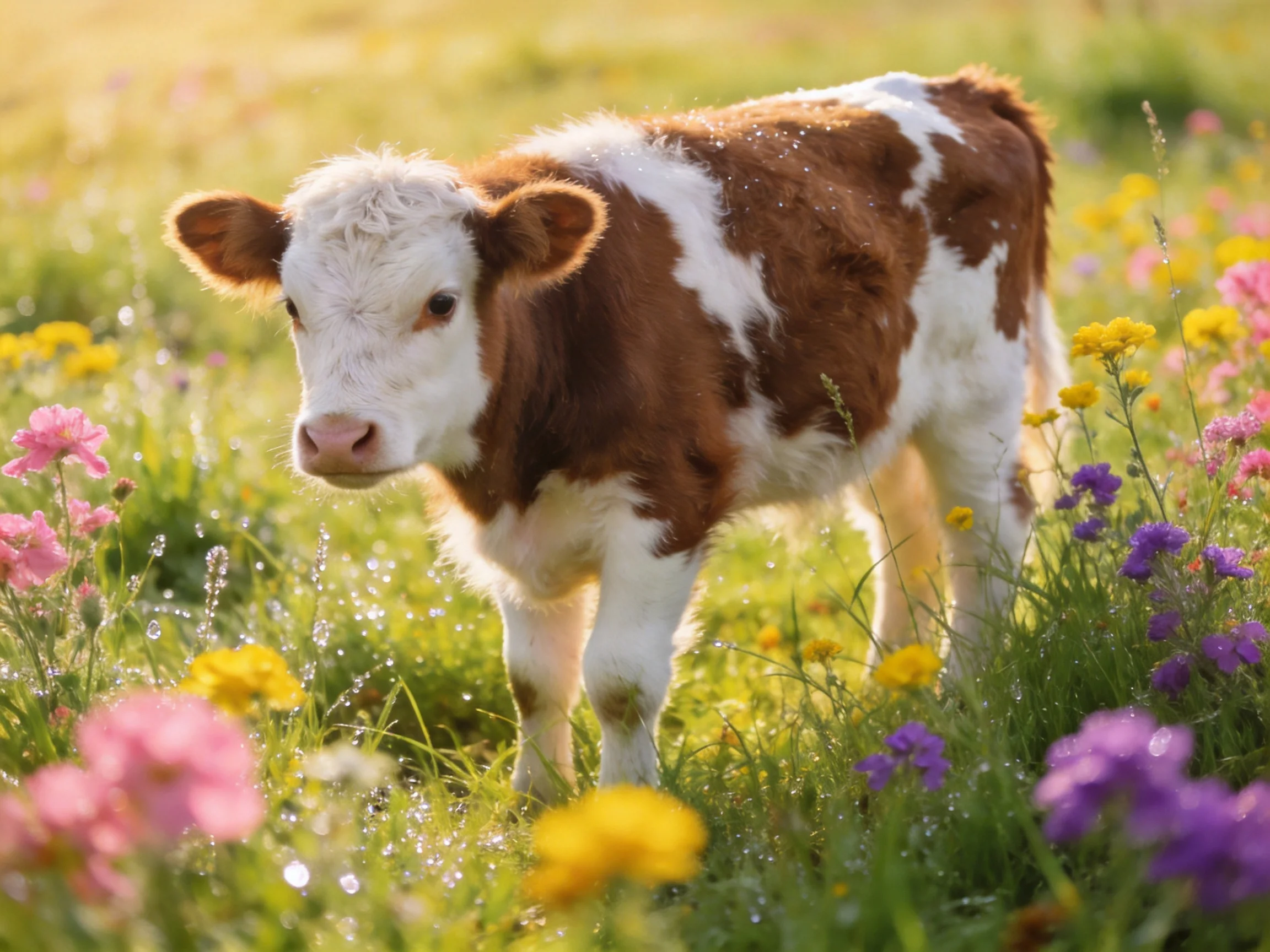 A brown-and-white calf stands among colorful wildflowers in a sunlit meadow