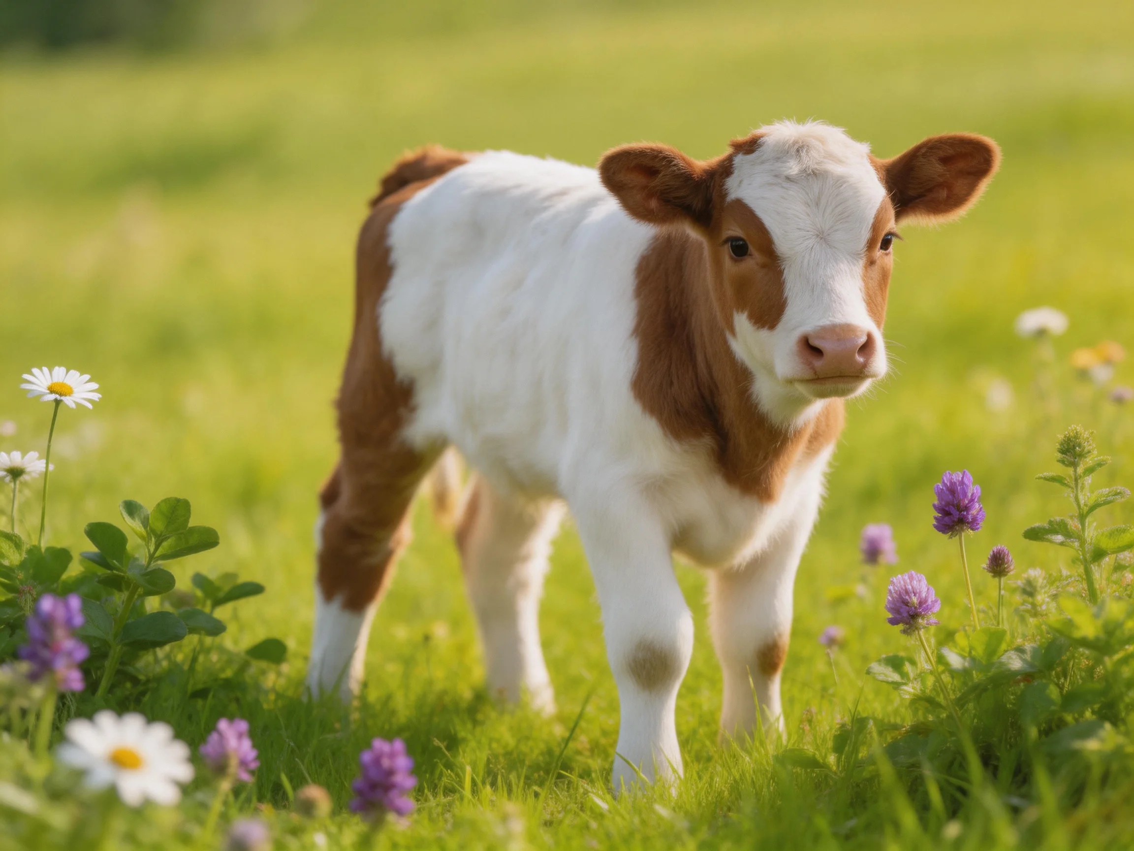 A brown-and-white calf stands among vibrant wildflowers in a sunlit meadow