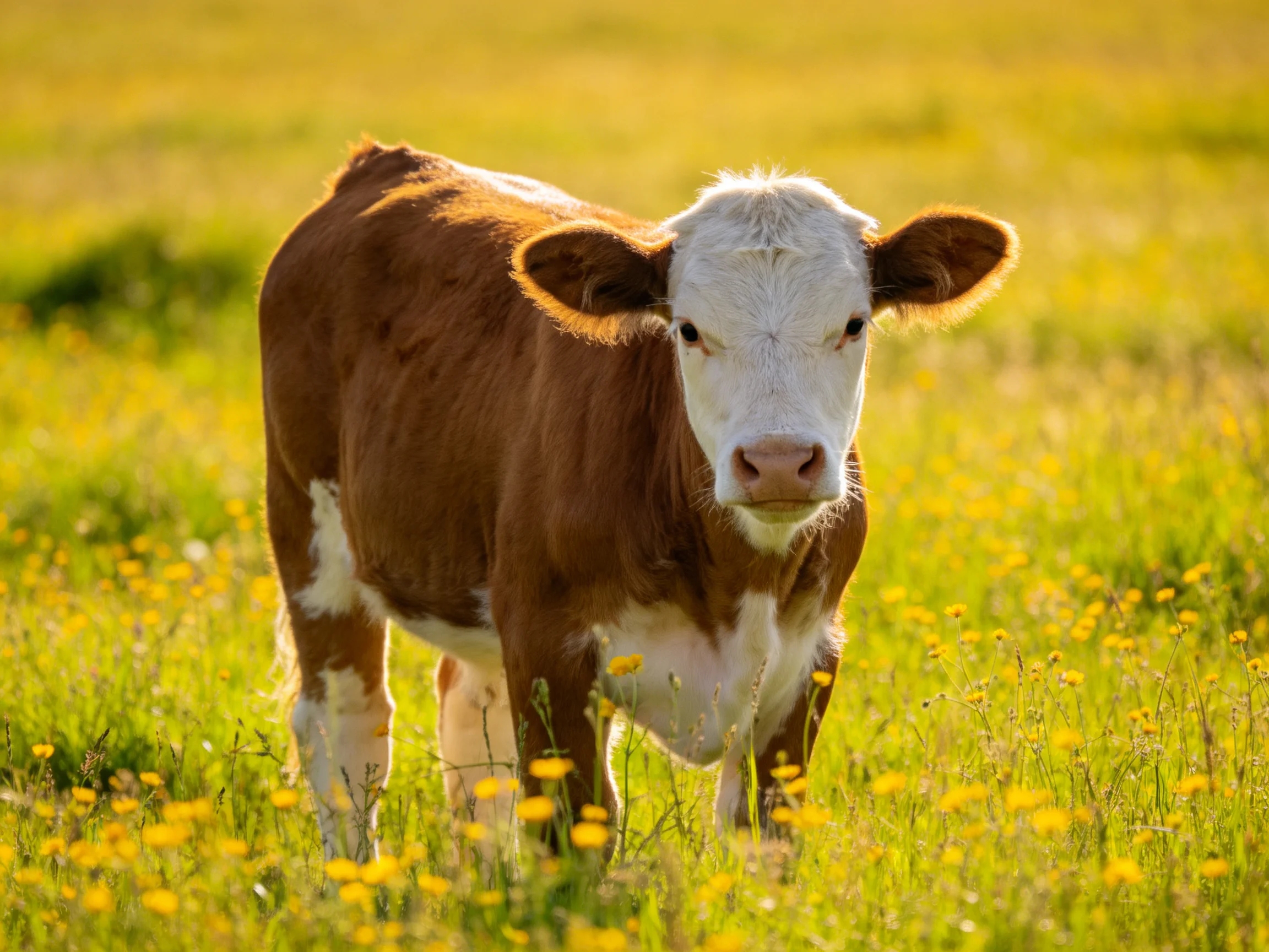 A brown and white calf stands among yellow wildflowers in a sunlit meadow