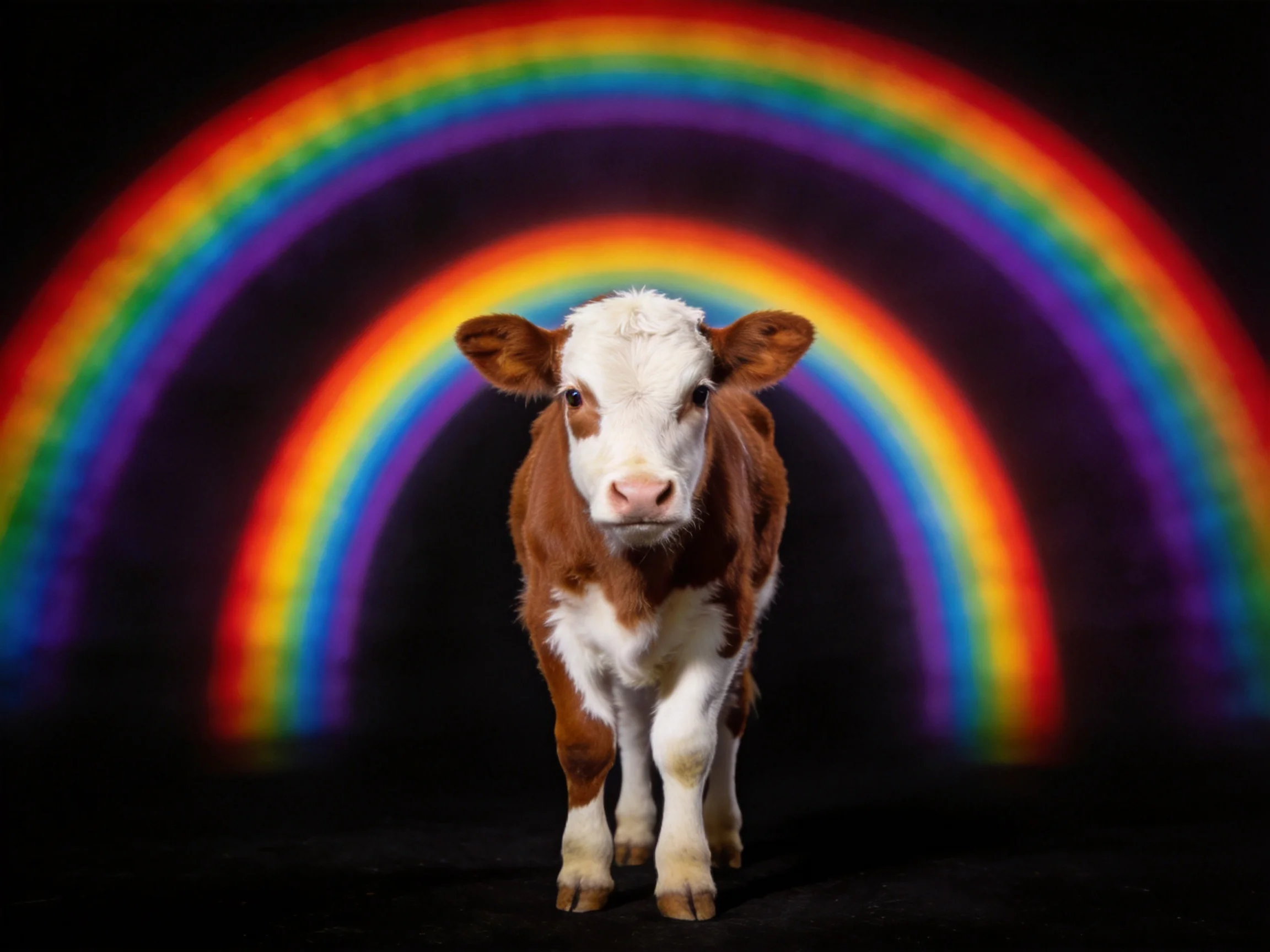 A brown and white calf stands before layered rainbow arcs