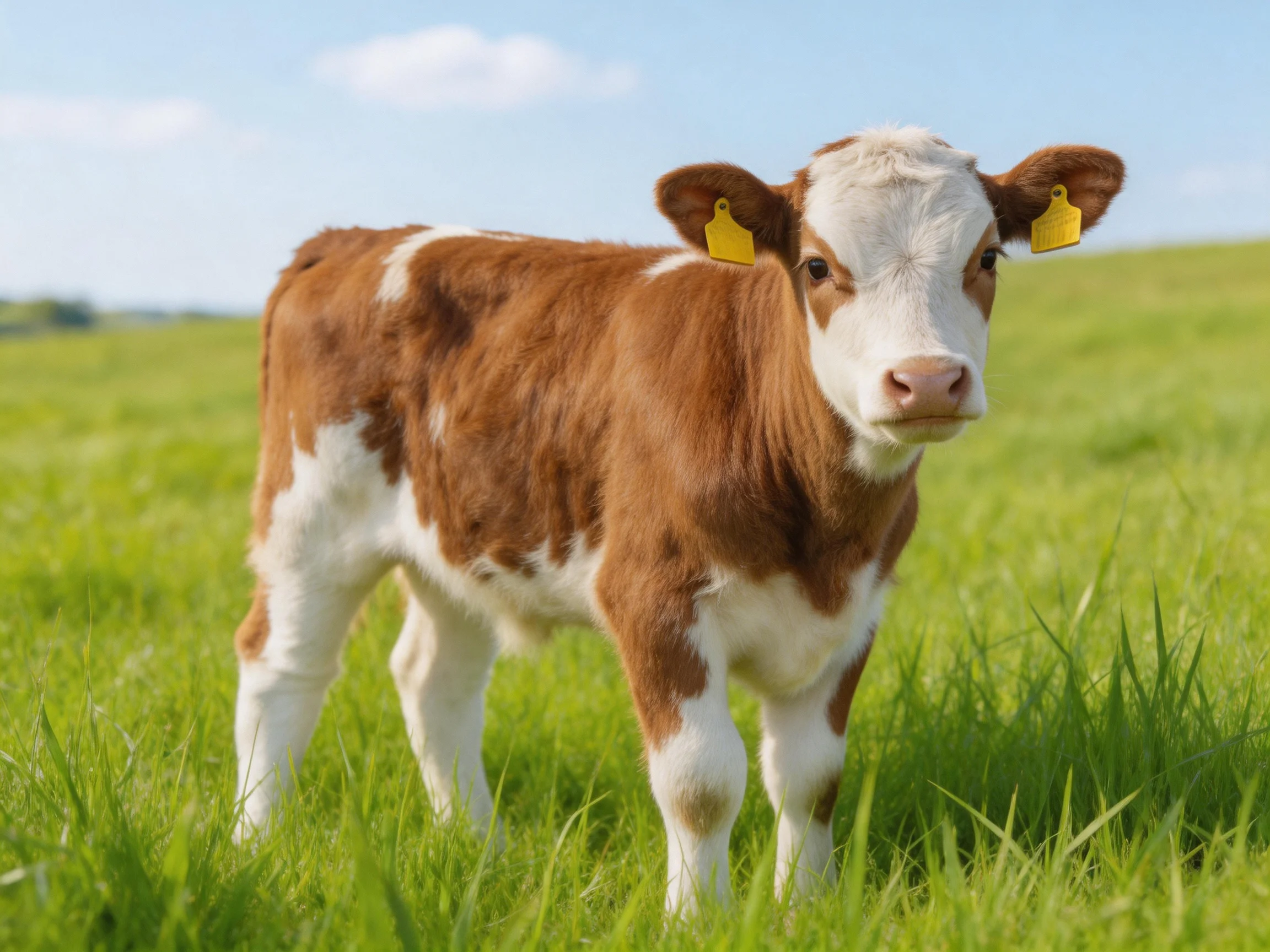 A brown and white calf stands in a lush green pasture under clear blue sky