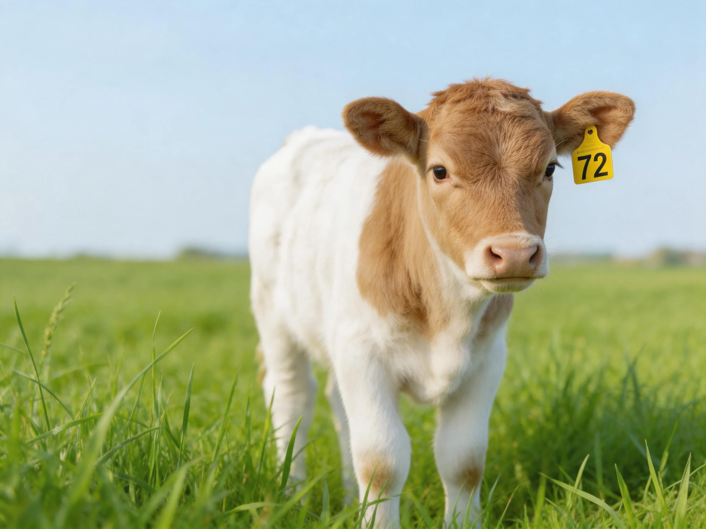 A brown and white calf stands in a lush green pasture with a yellow ear tag