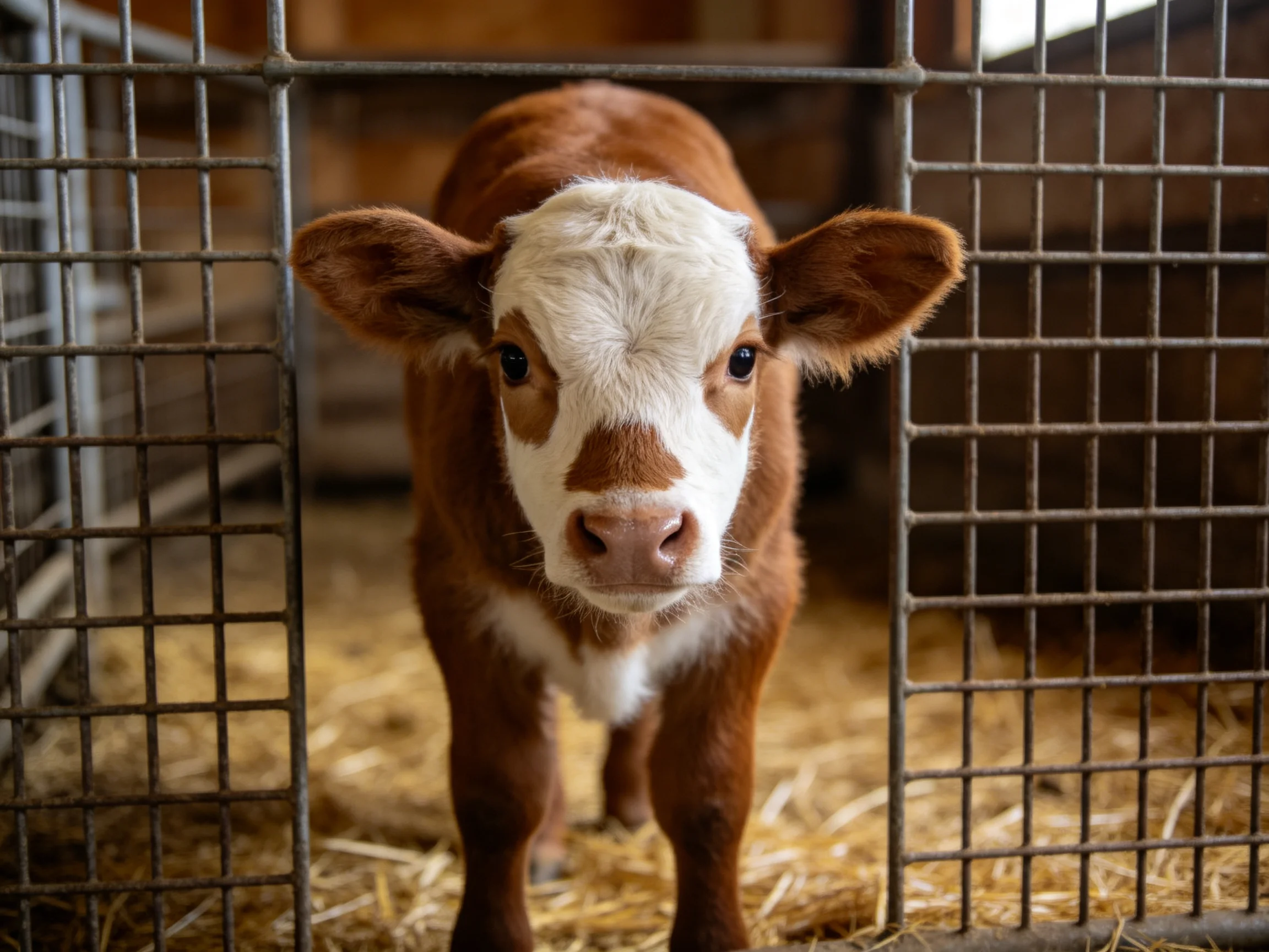 A brown and white calf stands in a metal pen with straw bedding