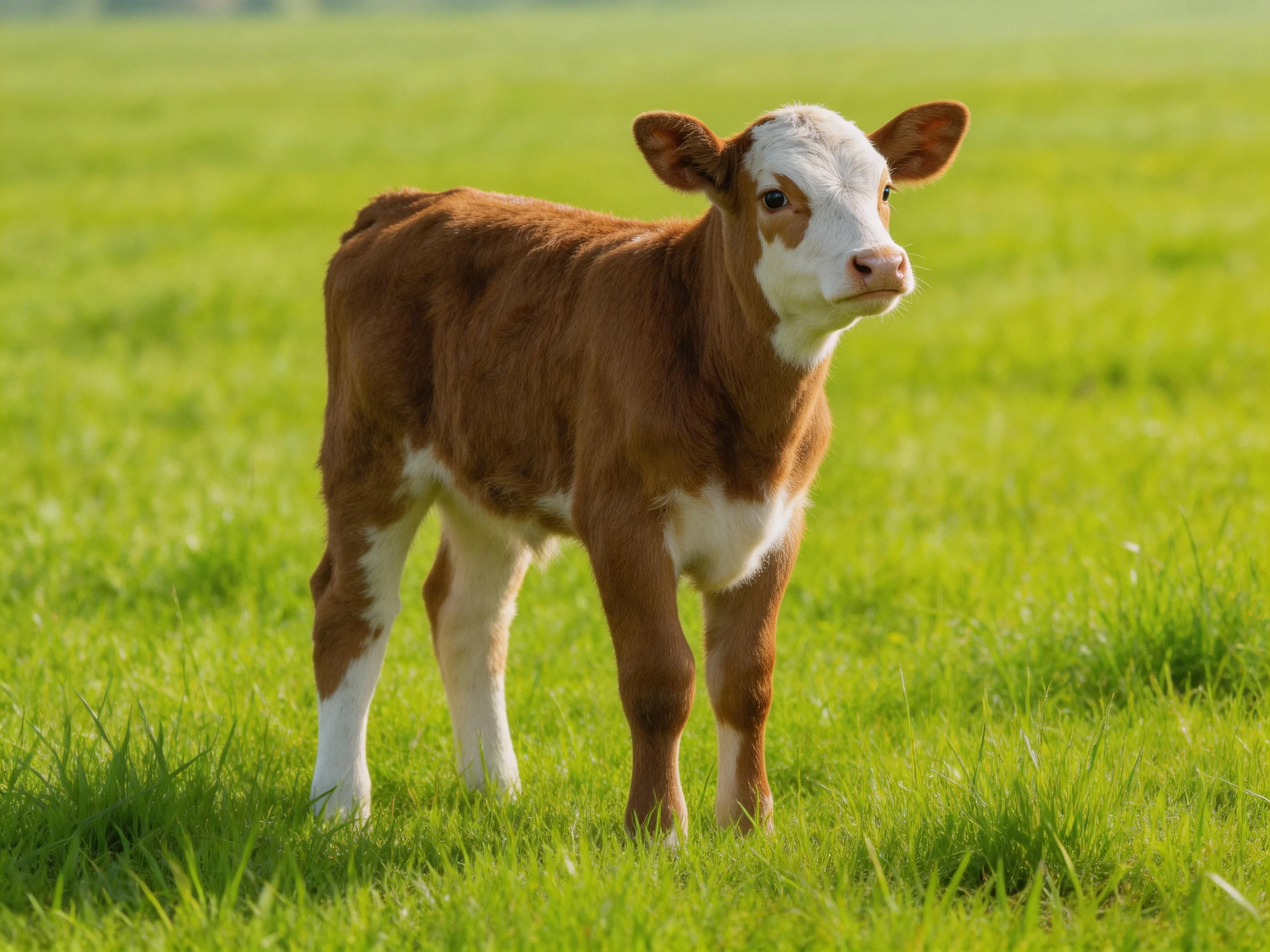 A brown and white calf stands in a sun-drenched green pasture