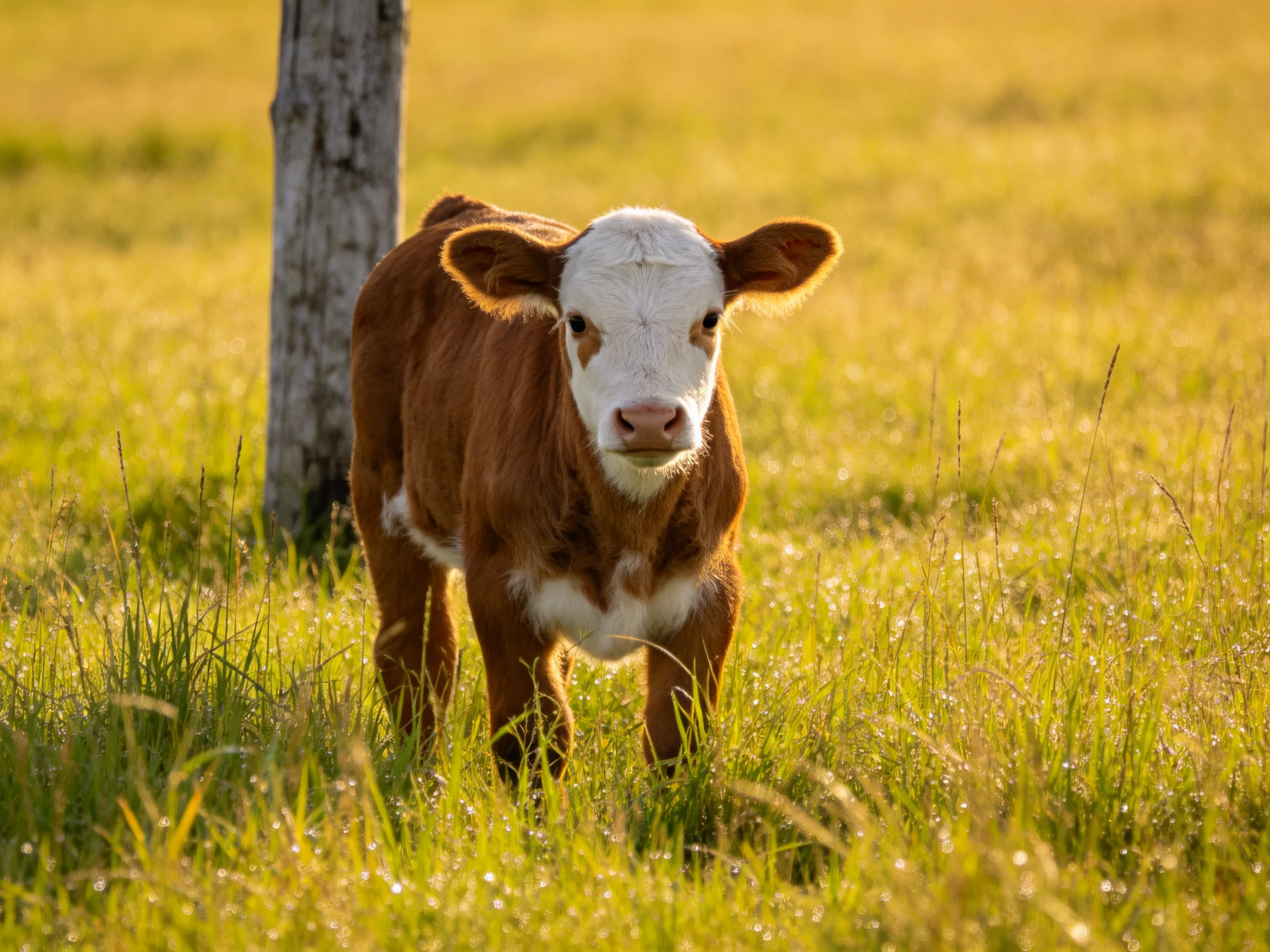A young brown and white cow stands in a sunlit grassy field.