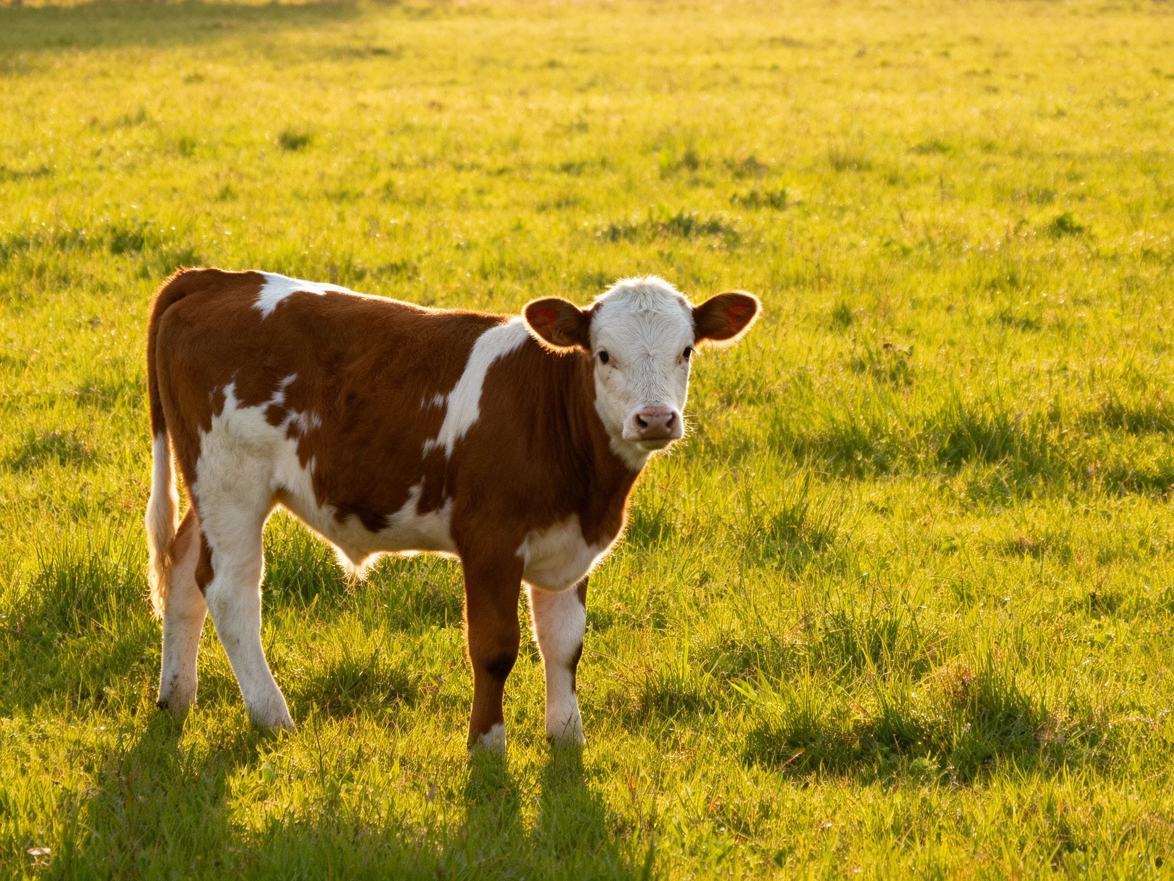 A brown and white calf stands in a sunlit green pasture