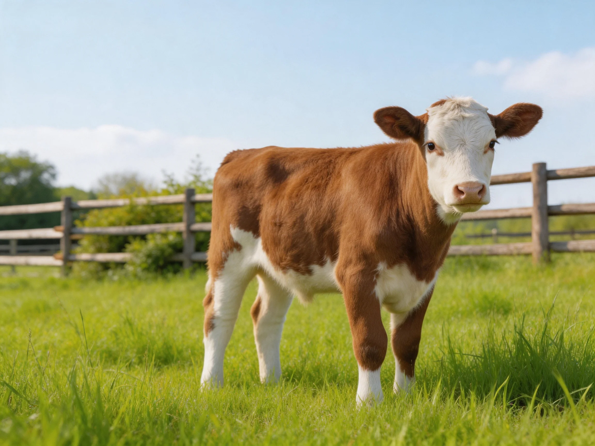 A brown and white calf stands in a sunlit green pasture near a wooden fence
