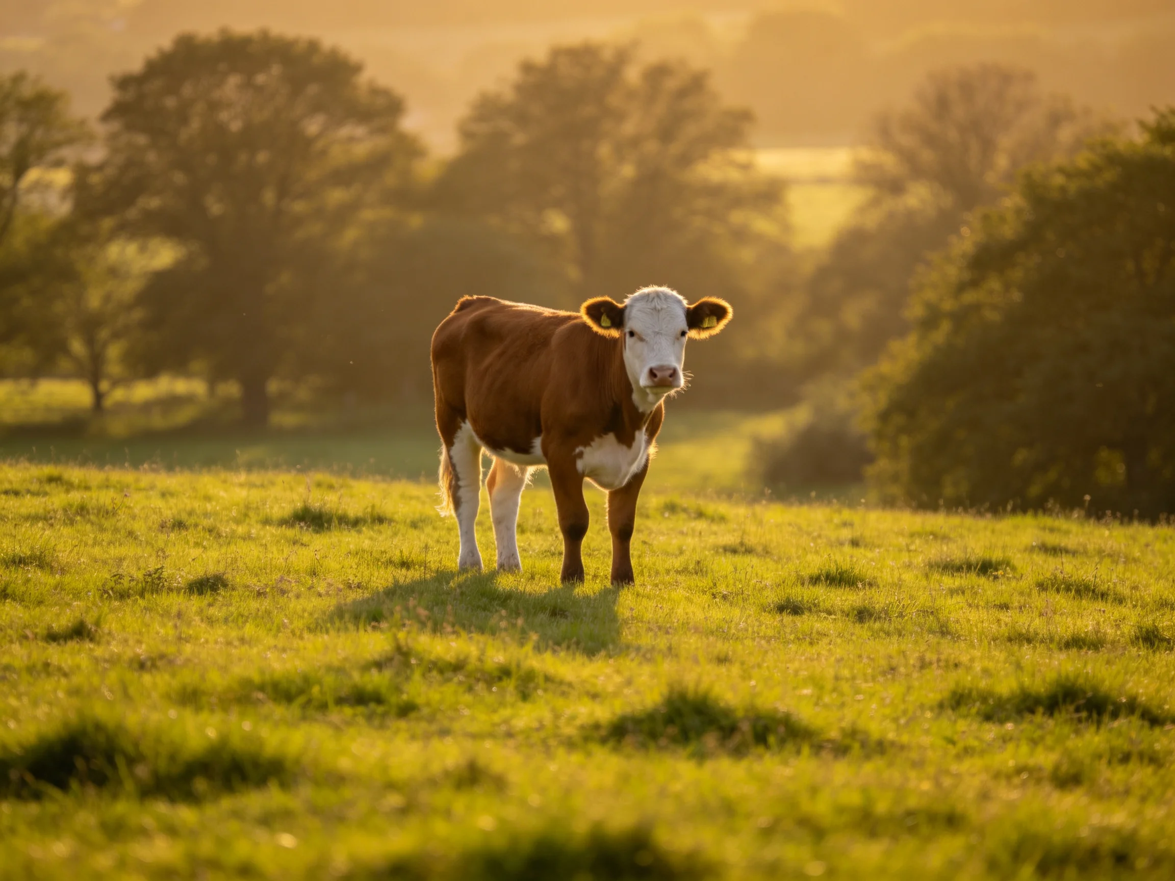 A brown and white calf stands in a sunlit green pasture near trees