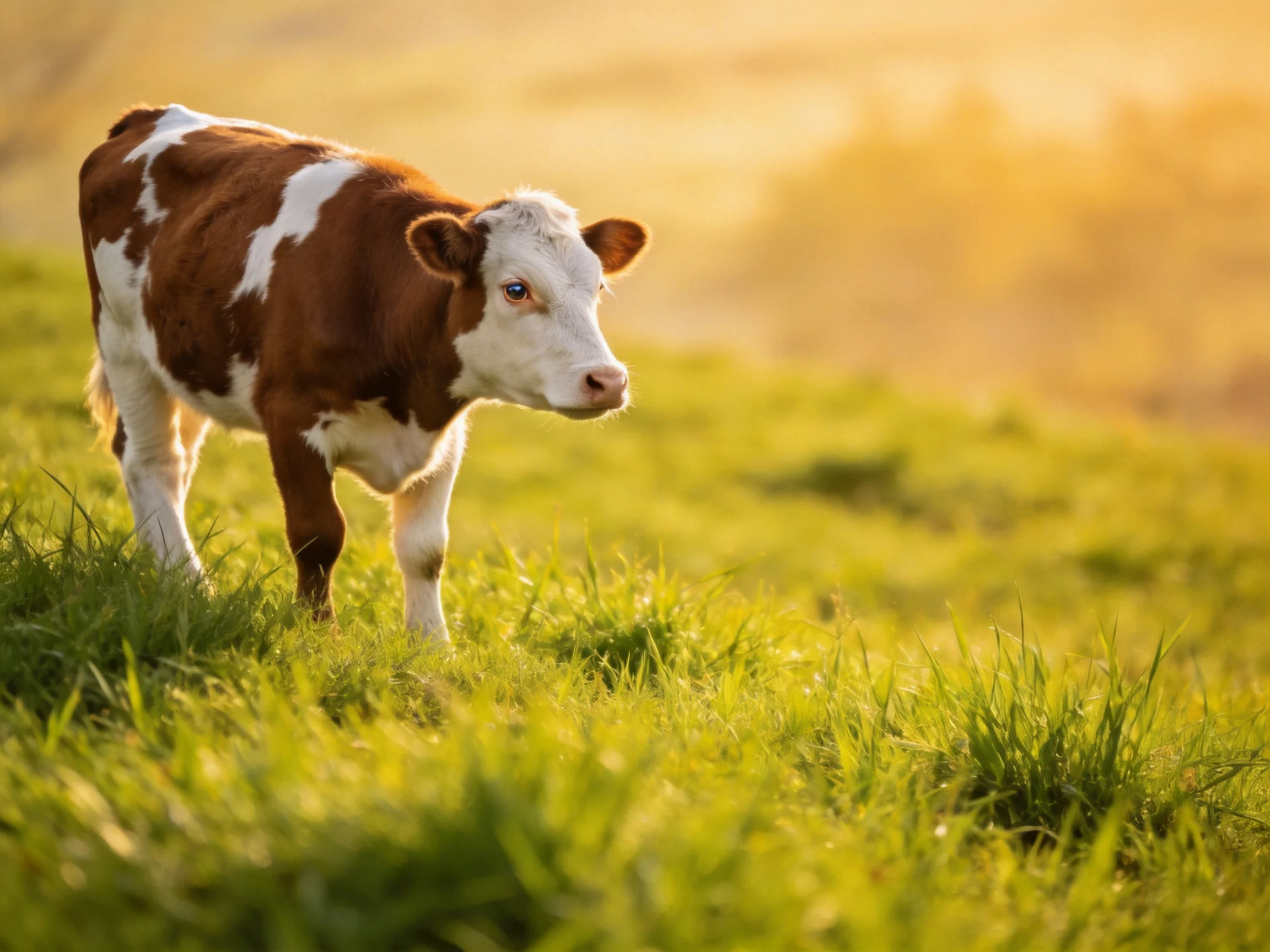 A brown and white calf stands in lush green grass under golden sunlight
