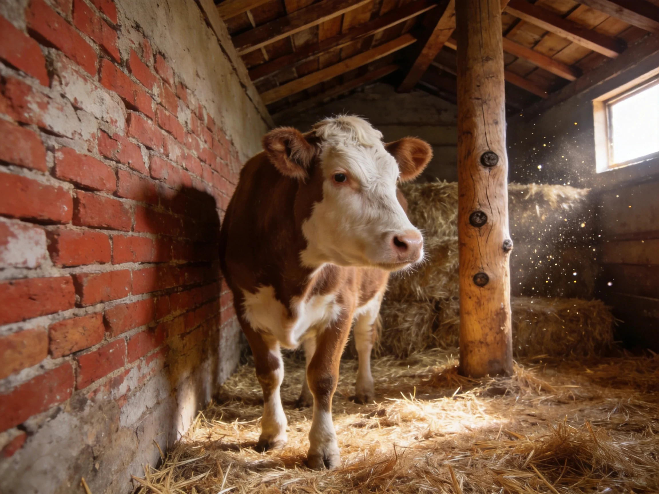 A brown and white calf stands near a red brick wall in a barn with hay