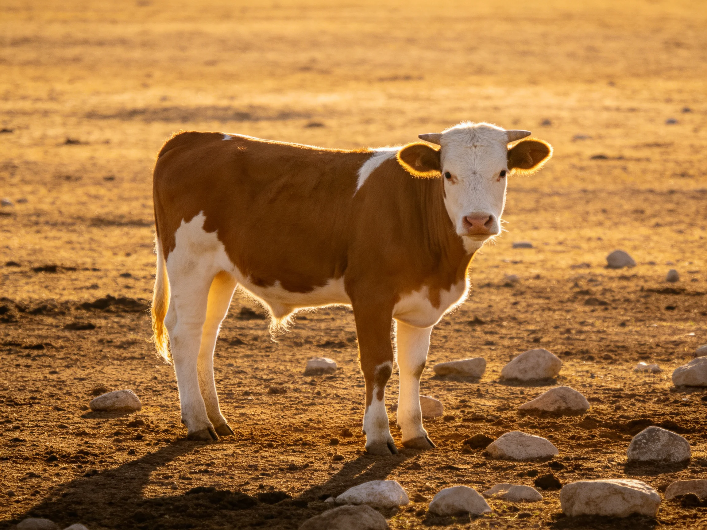 A brown and white calf stands on a rocky, dusty plain under golden sunlight
