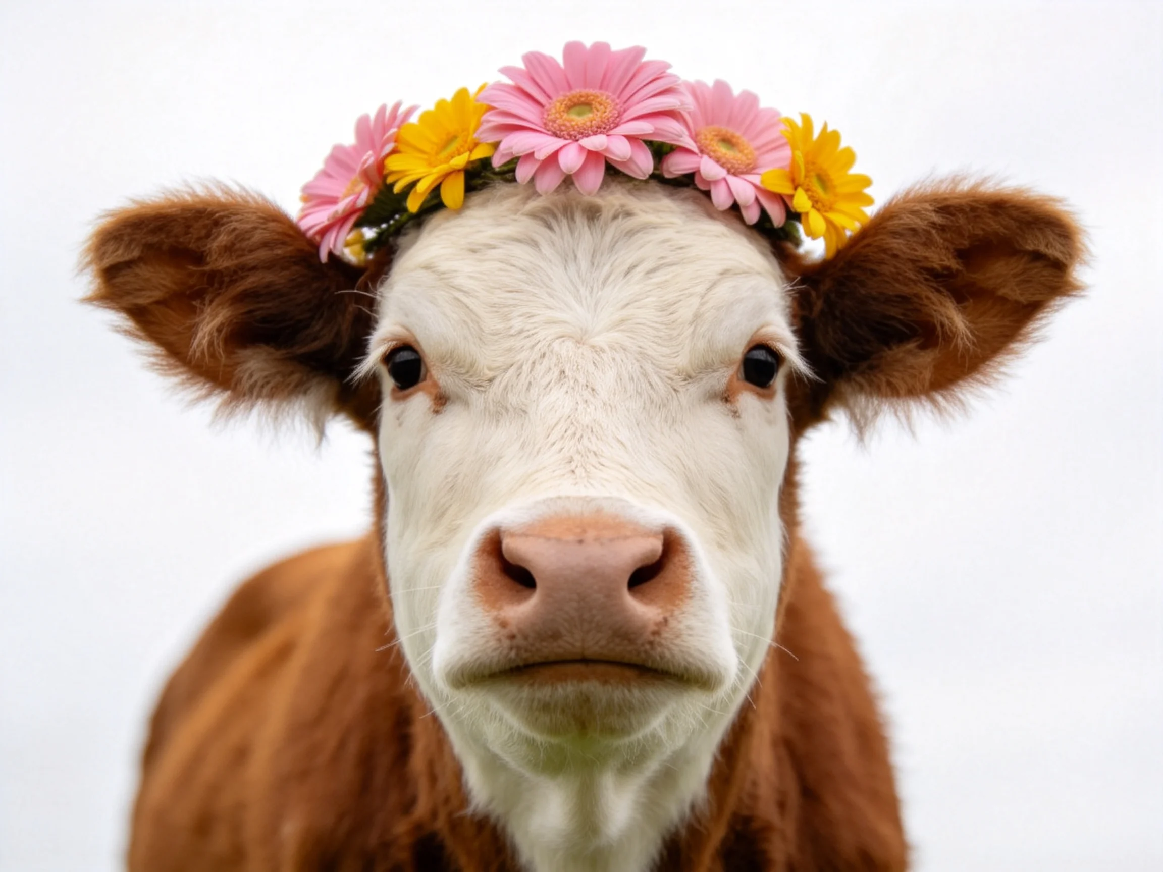 A brown and white calf wearing pink and yellow flower crown