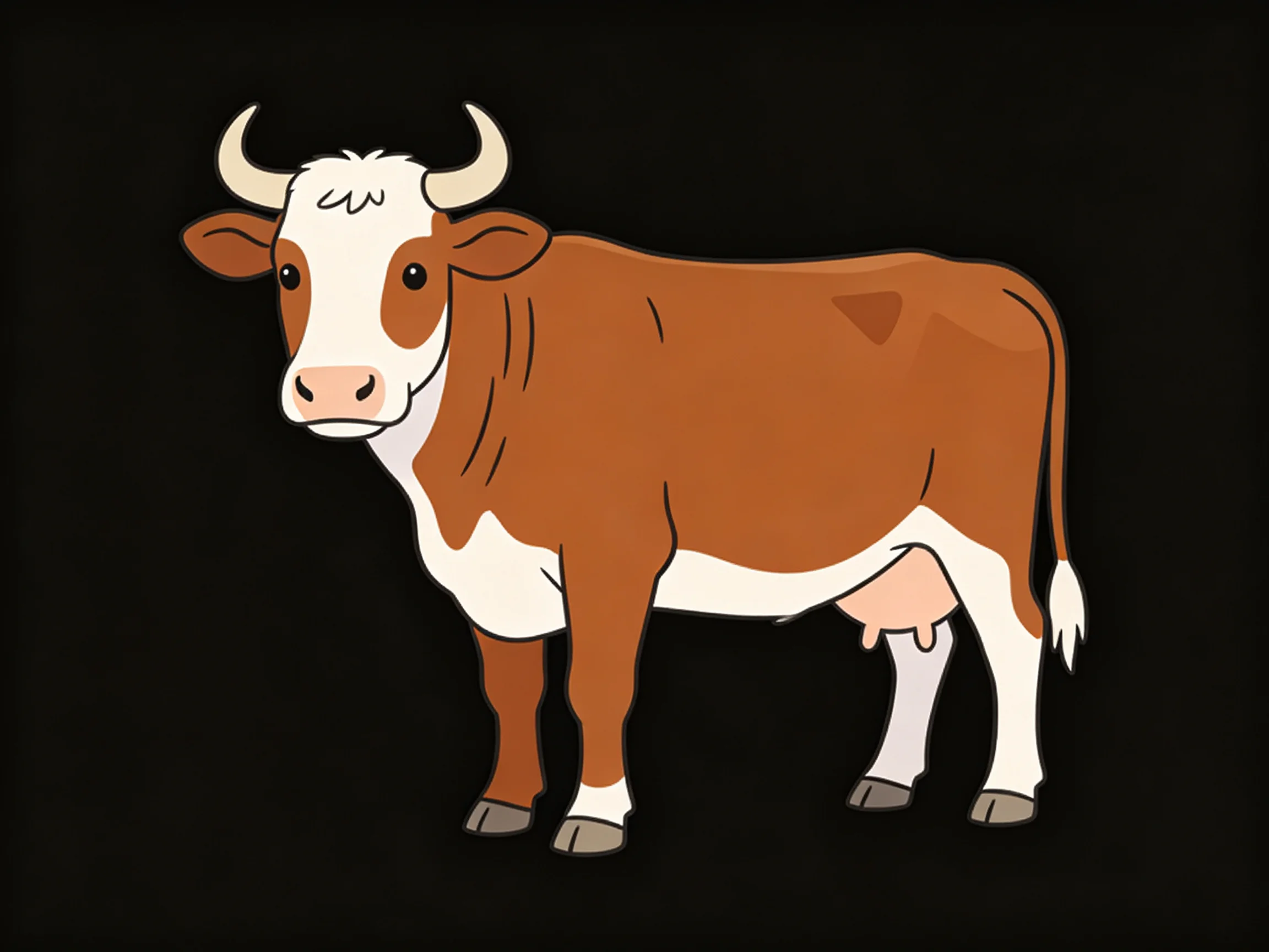 A brown and white cartoon cow with curved horns stands against a solid black background