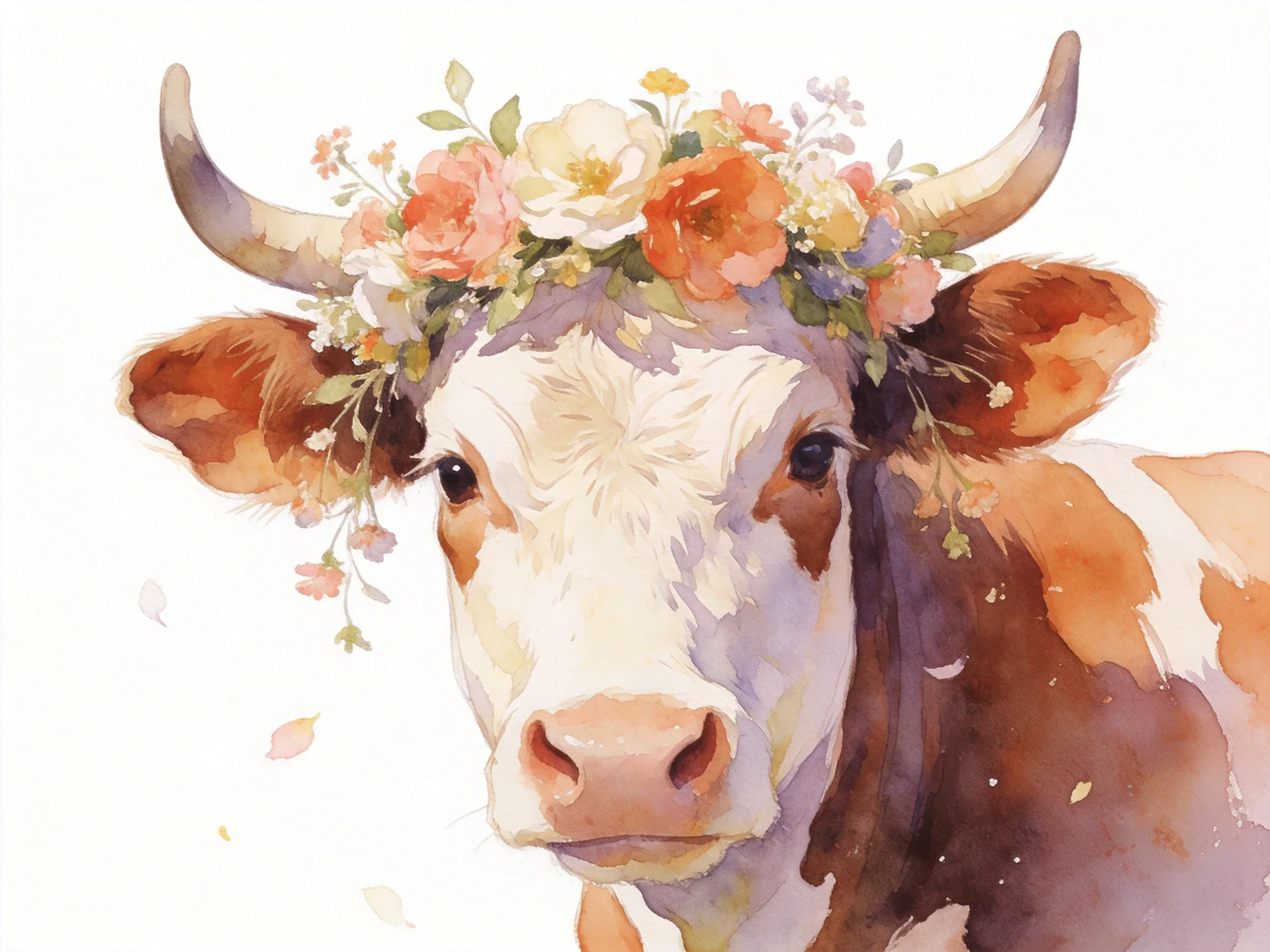 A brown and white cow adorned with a vibrant floral wreath