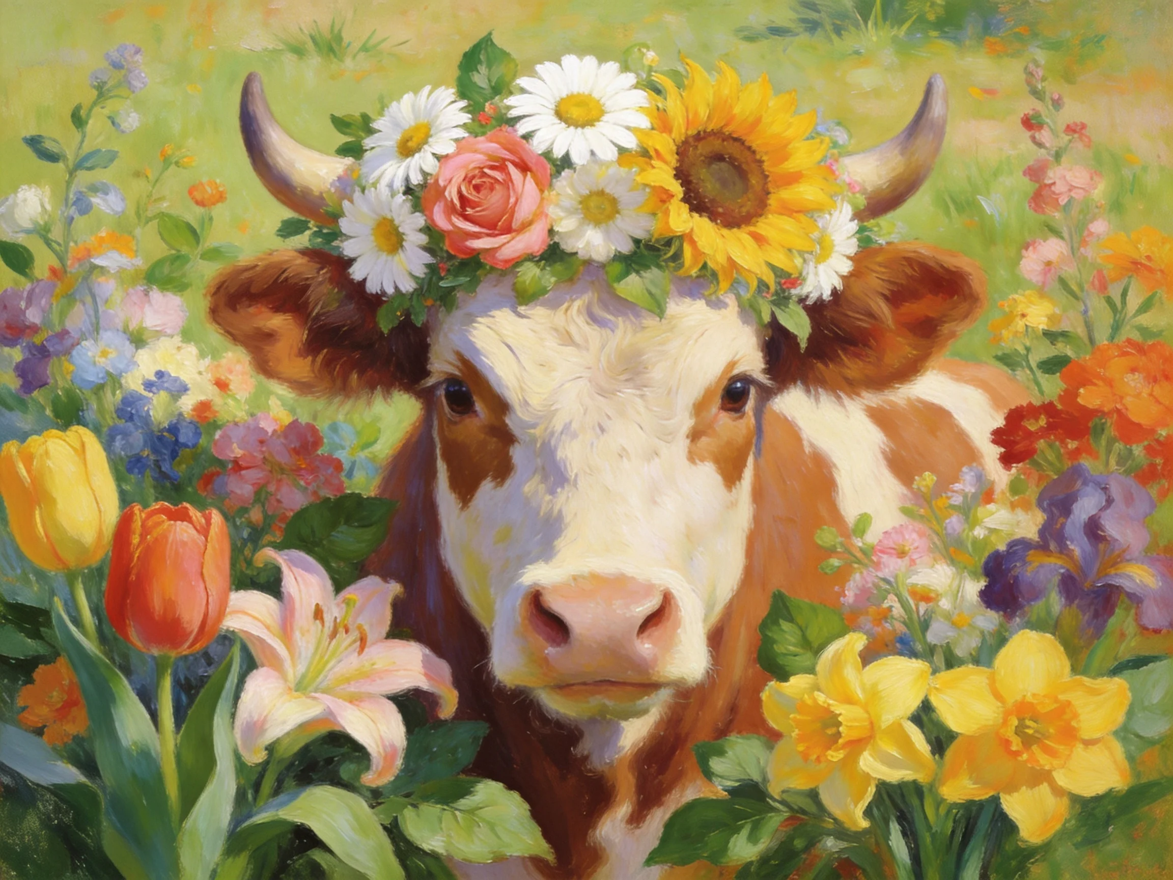 A brown-and-white cow adorned with diverse colorful blooms in a flower-filled meadow