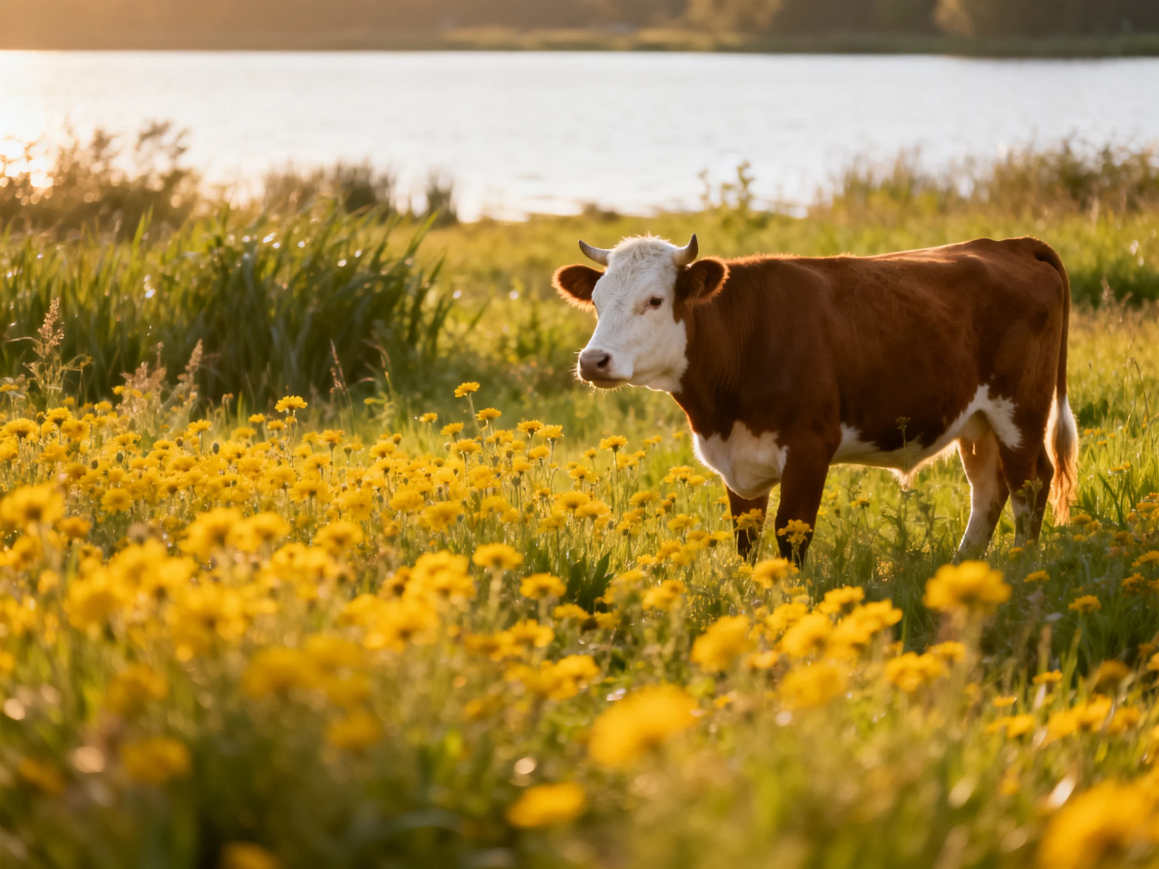 A brown and white cow amid bright yellow wildflowers by a calm lake