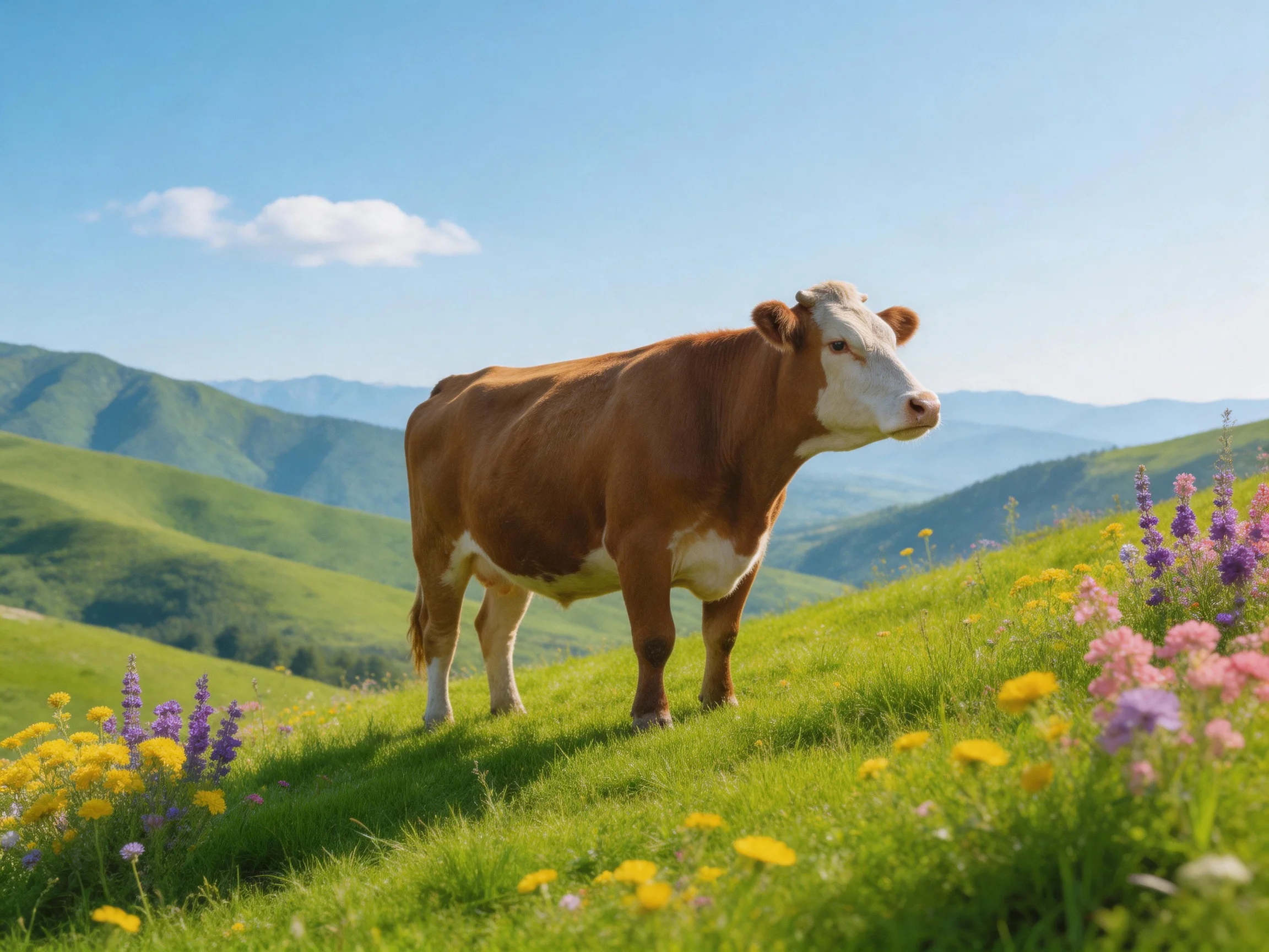 A brown and white cow amid vibrant wildflowers on rolling green hills