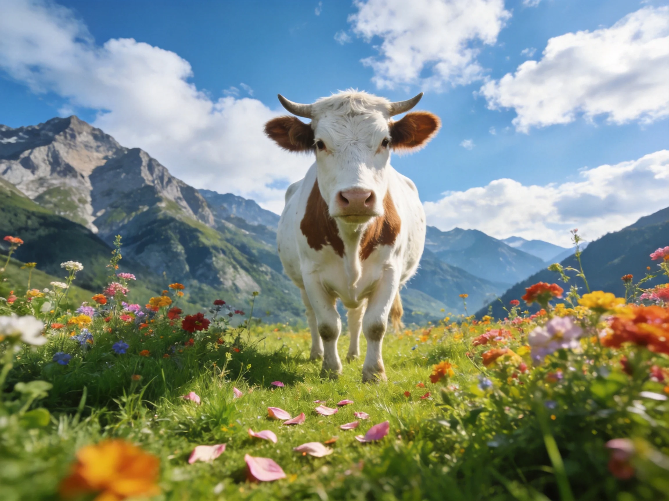 A brown-and-white cow amidst colorful wildflowers near mountain peaks