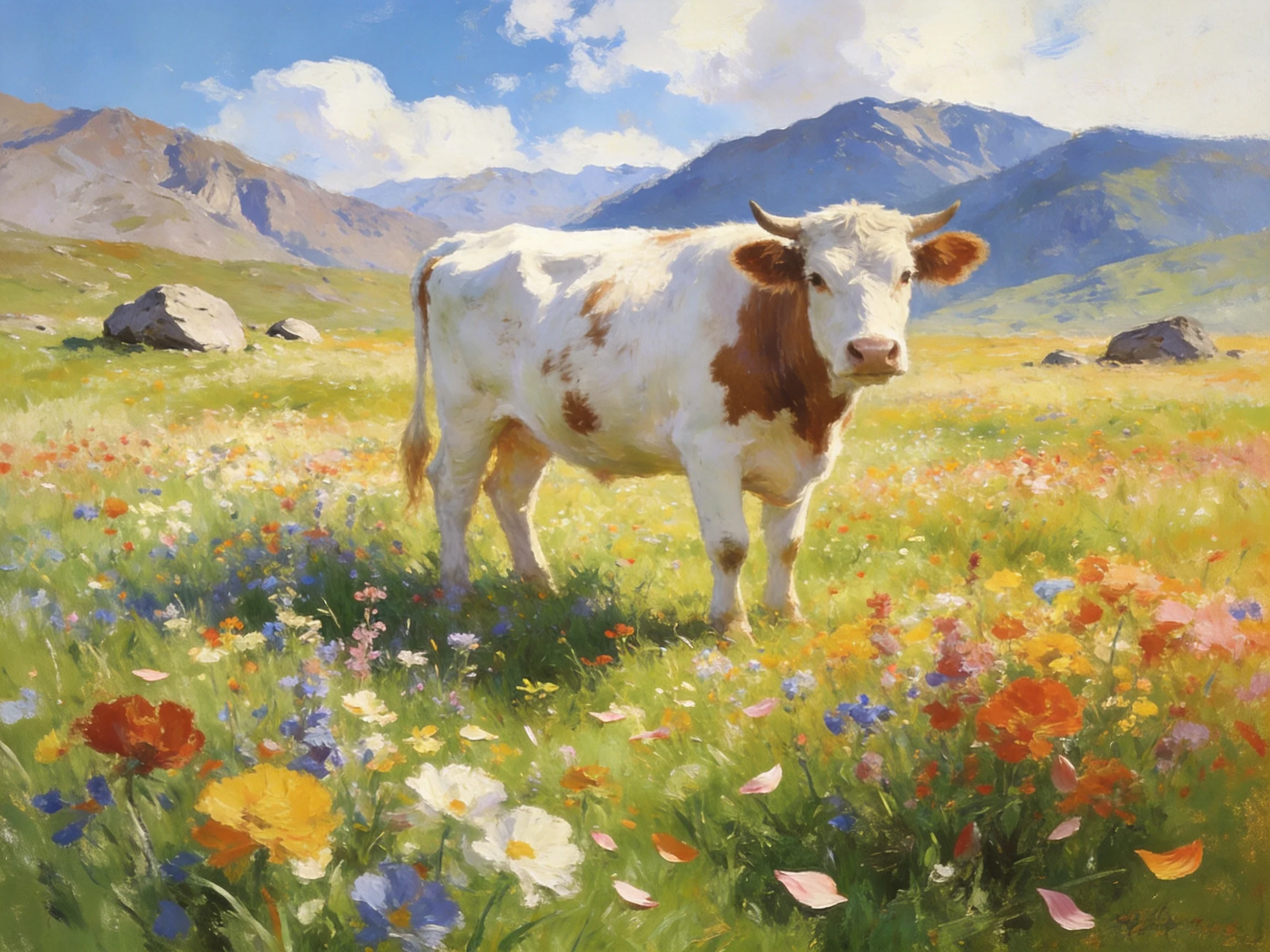 A brown-and-white cow amidst vibrant wildflowers in a mountainous meadow